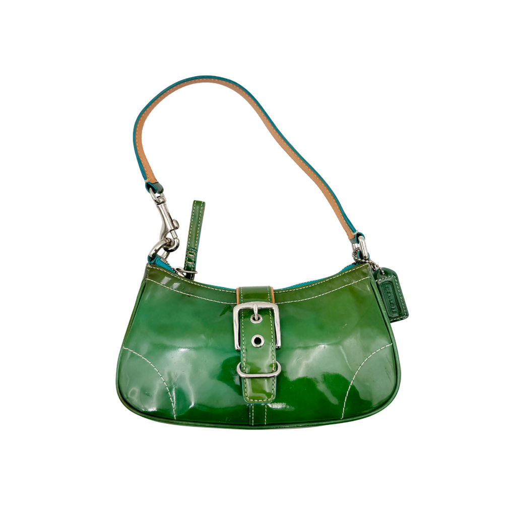 Coach Y2K Demi Soho shoulder bag in glossy green patent leather with silver hardware and natural leather strap.