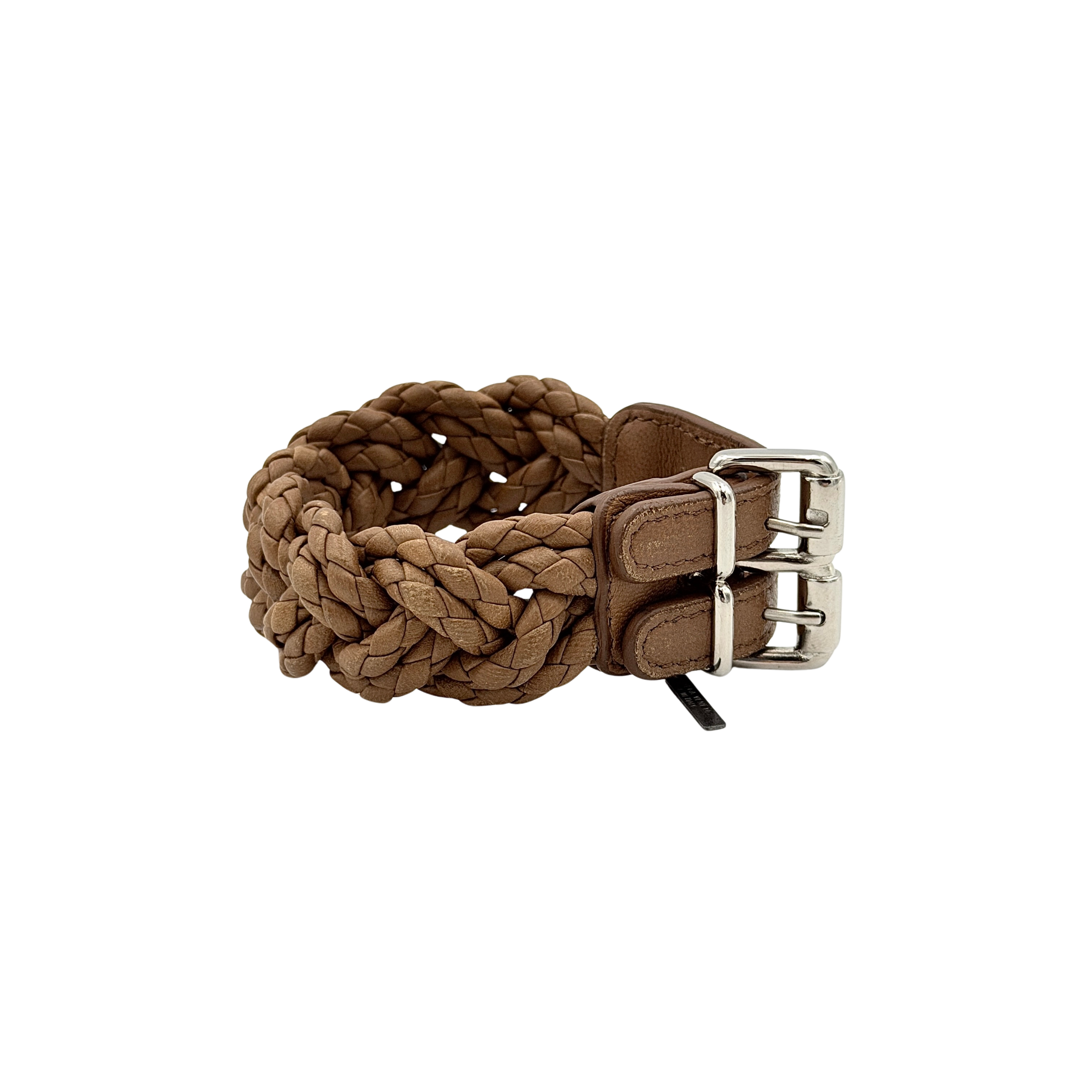 Bottega Veneta brown braided leather bracelet with silver-tone double buckle, displayed on a clean background.