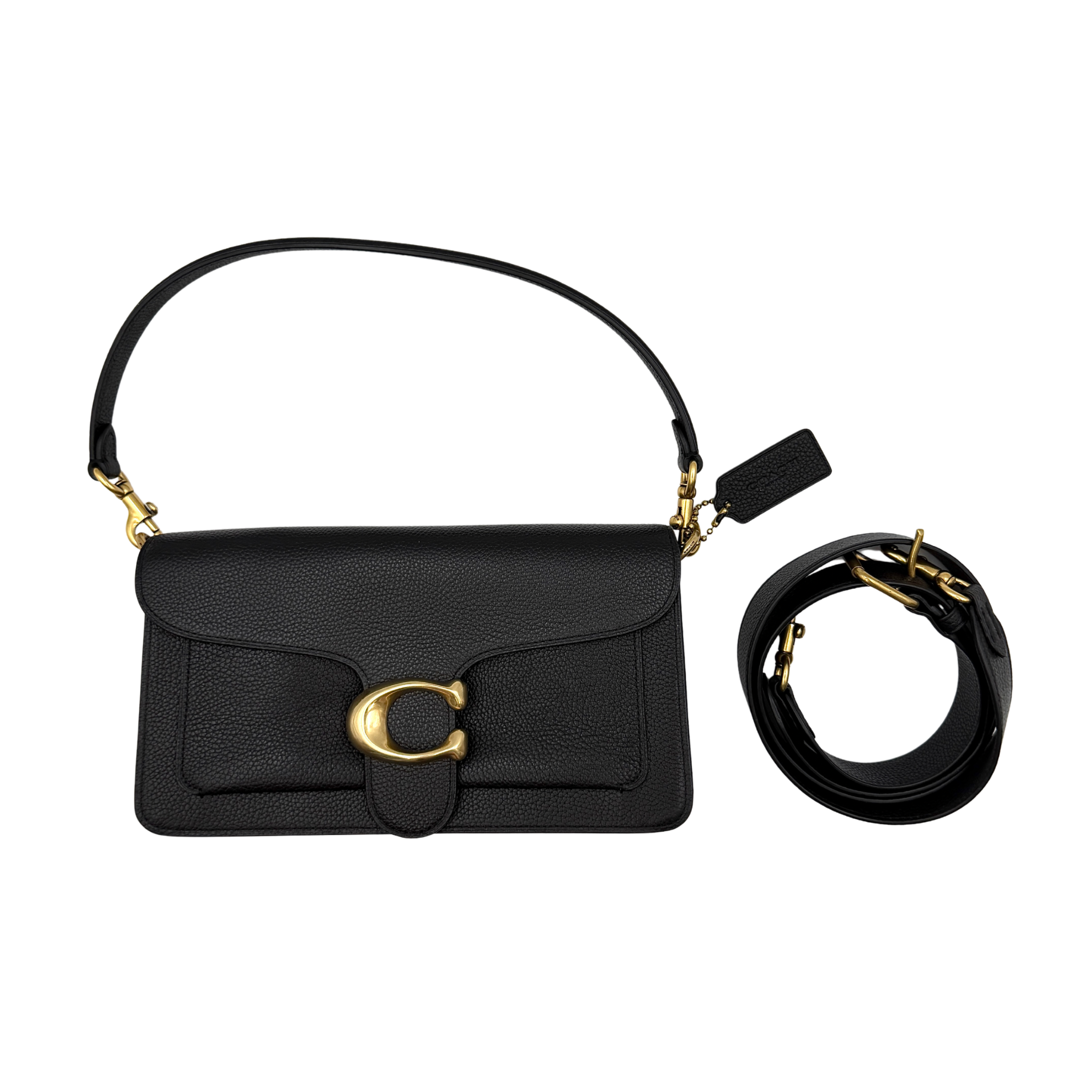 Coach Tabby 26 black shoulder bag with gold hardware and detachable straps, shown with dust bag and care card.