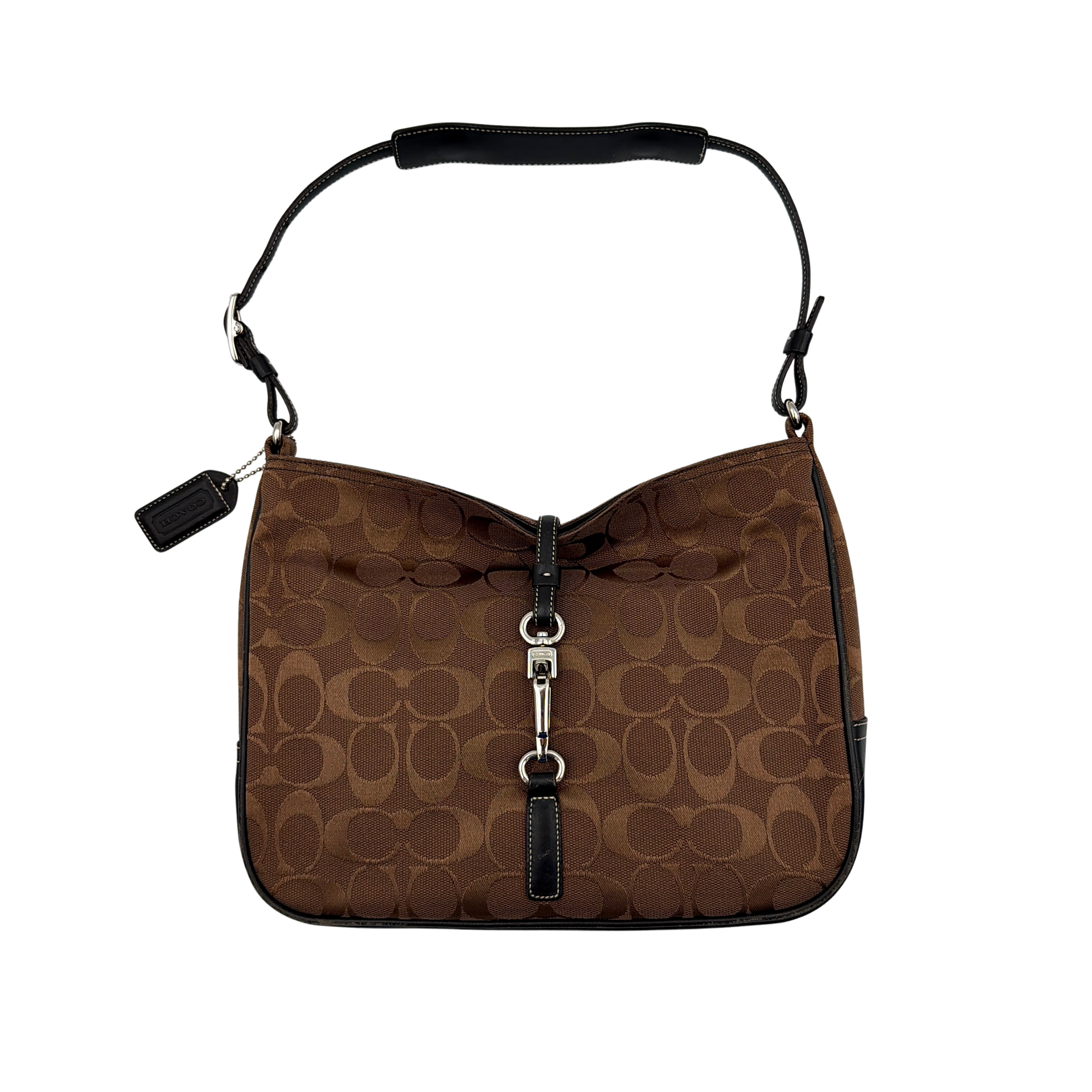 Coach Hobo Signature Clip canvas handbag in brown with black leather trim and silver hardware displayed against a plain background.