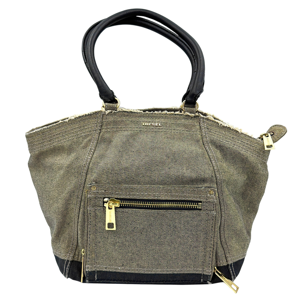 Diesel washed denim shoulder bag with black leather handles, gold zips and frayed edge detail.