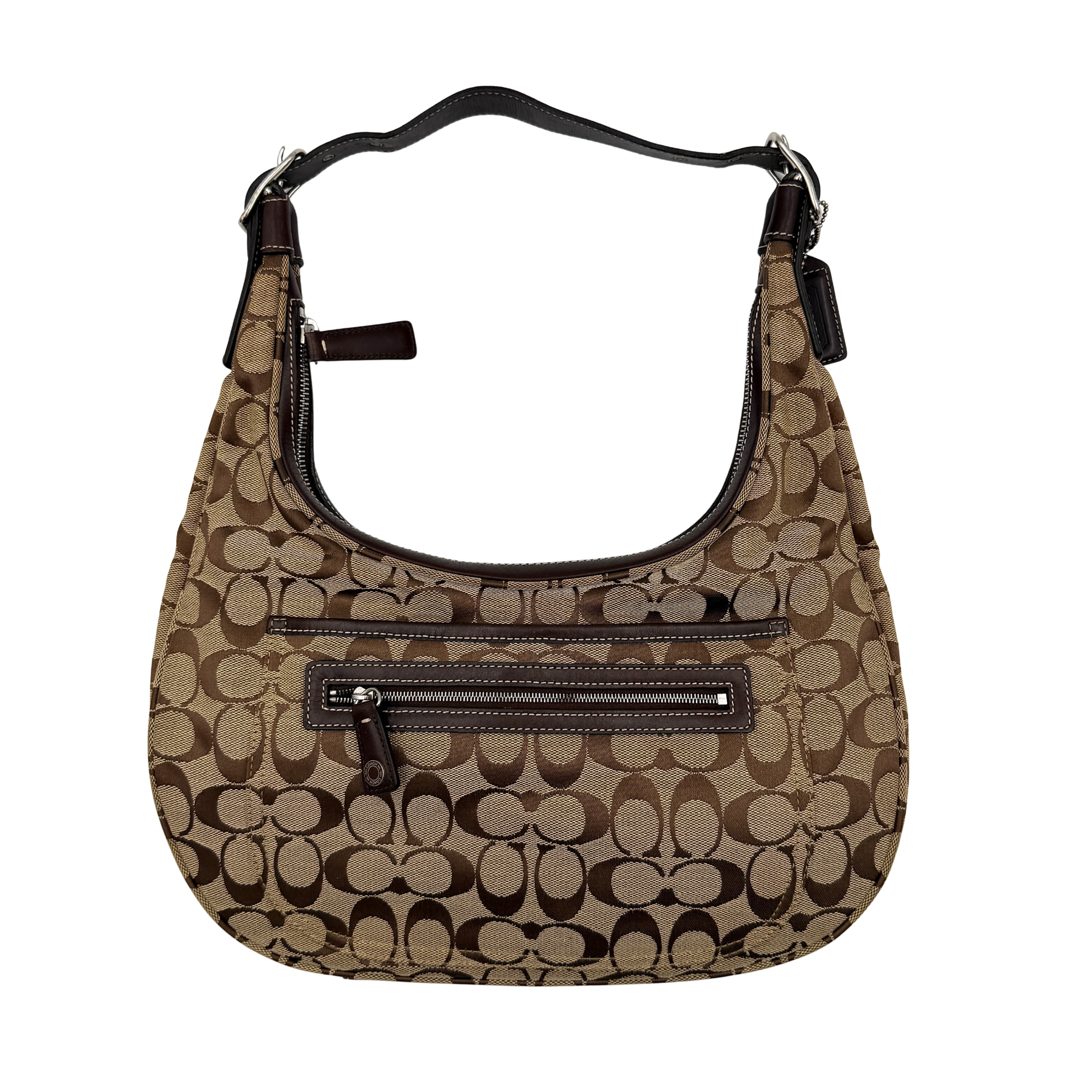 Coach Signature Hamilton Hobo Shoulder Bag in beige and brown jacquard, showcasing the iconic 'C' monogram with leather trim and silver hardware.