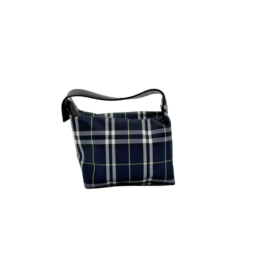 Burberry London mini handbag in navy Nova Check with black leather strap displayed against a clean white background.