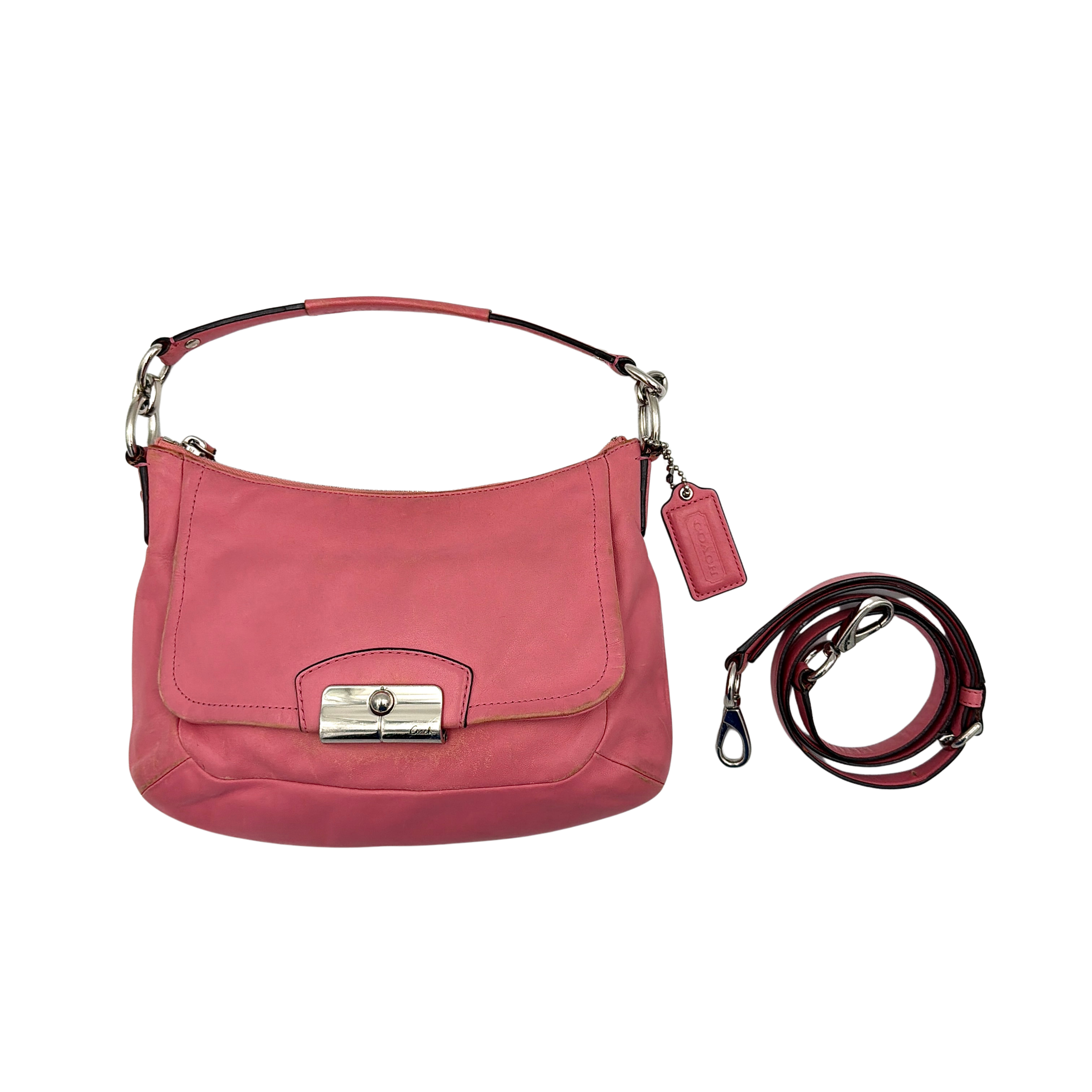 Coach Kristin 2Way Shoulder Bag in pink leather with silver hardware and detachable strap, displayed with both handle and crossbody option.