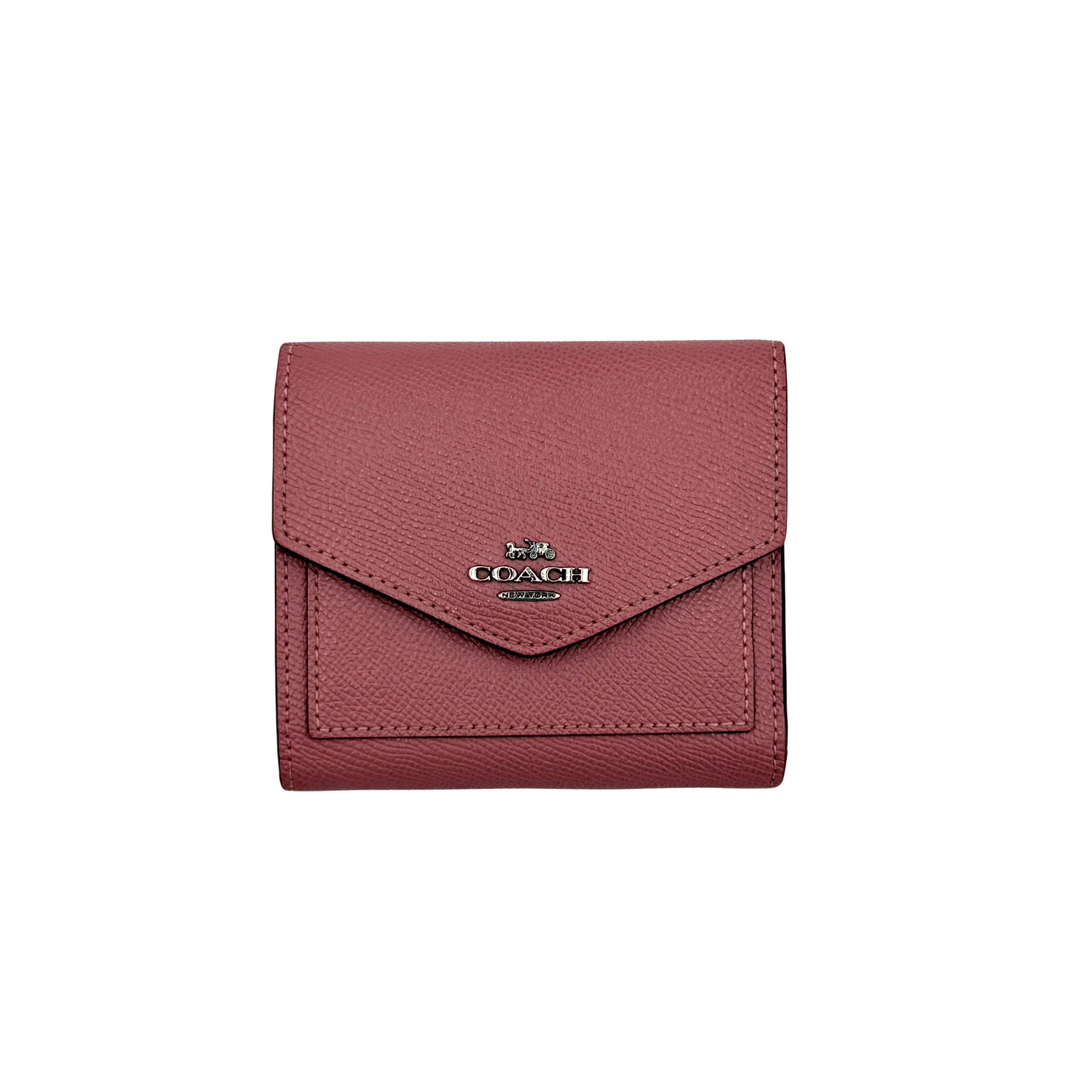 Coach Envelope Small Wallet in dusky pink grained leather with silver hardware and an angular flap closure.
