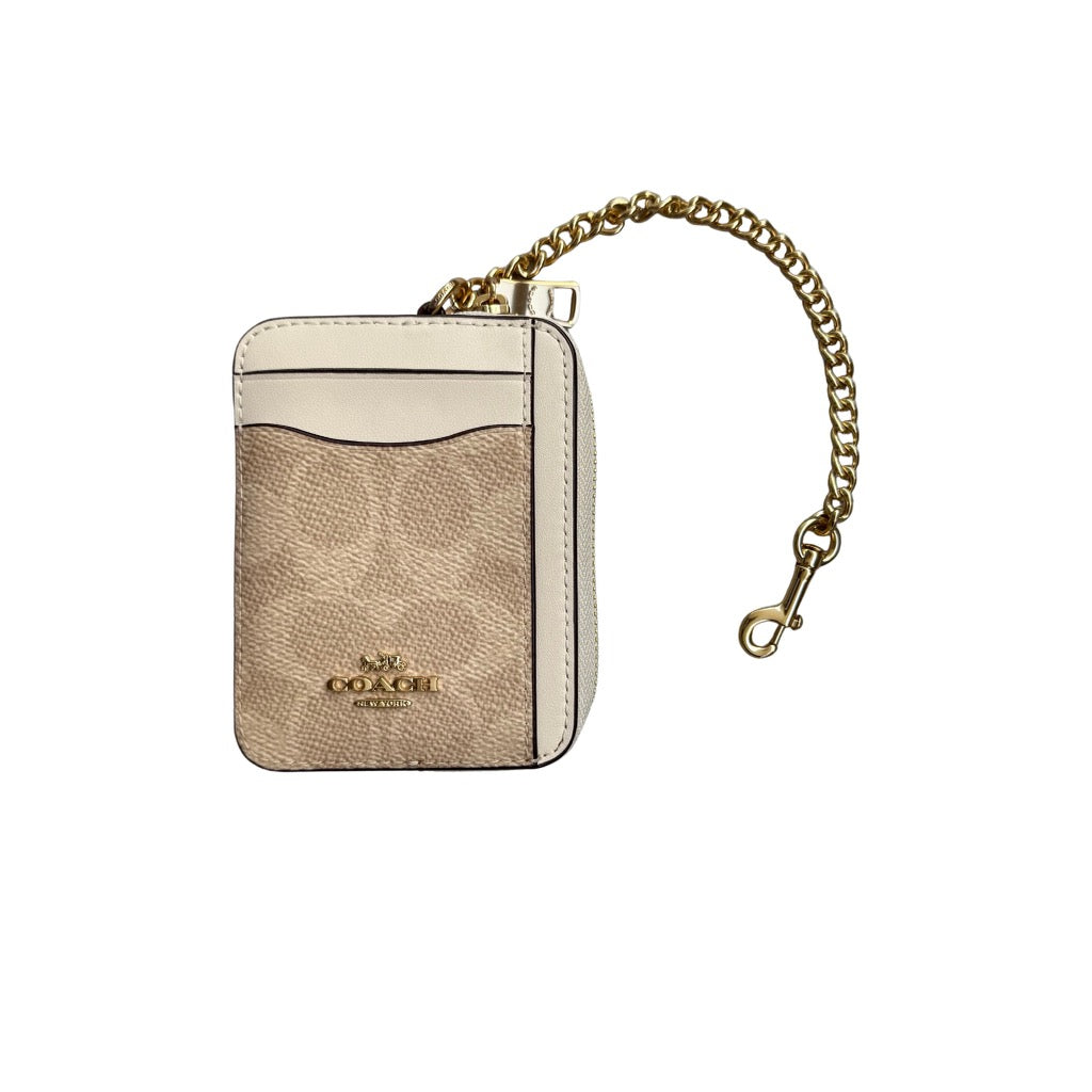 Coach Signature Chain Zip Cardholder Beige/White