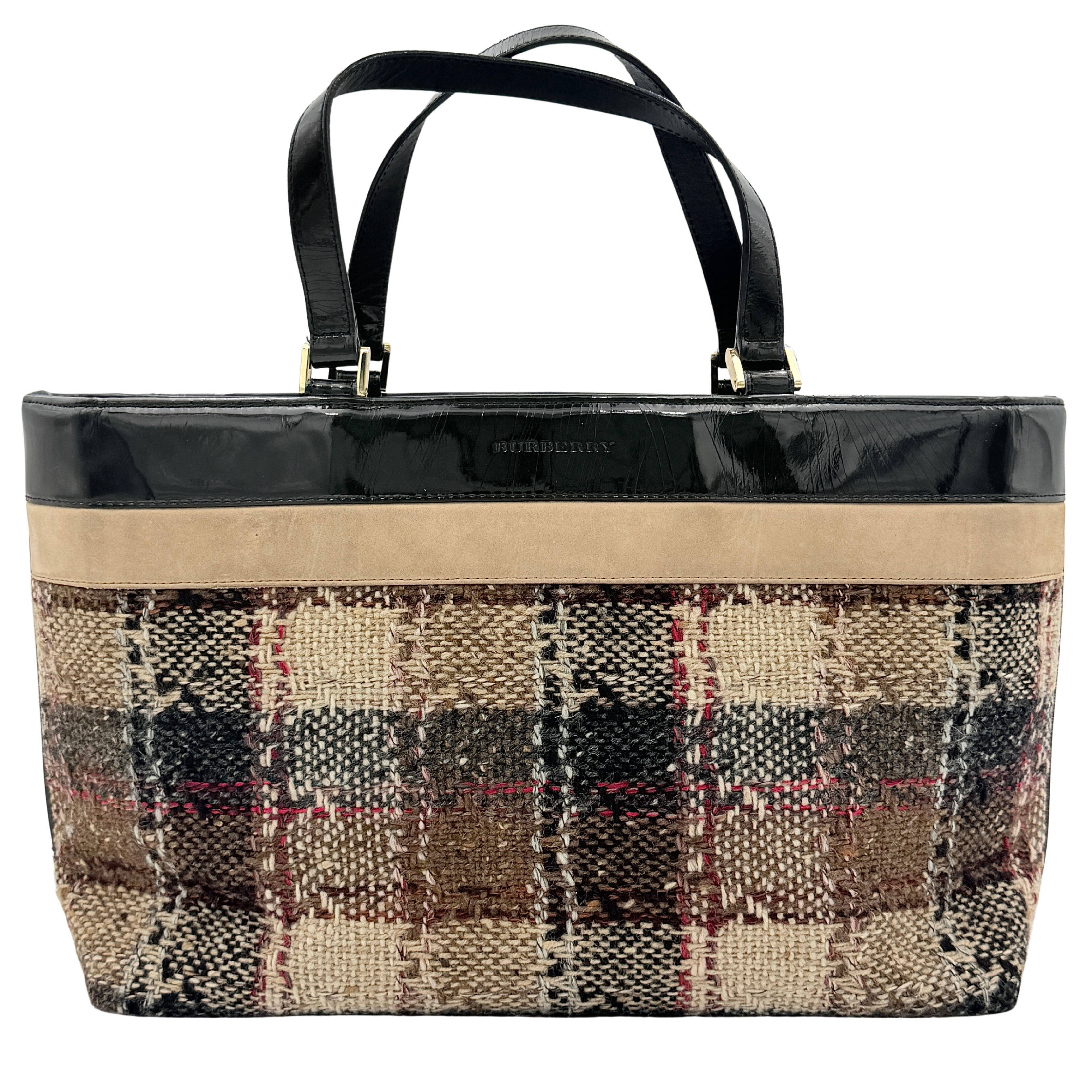 Burberry Nova Check Wool Shoulder Bag in beige and black wool with patent leather trim and double handles.