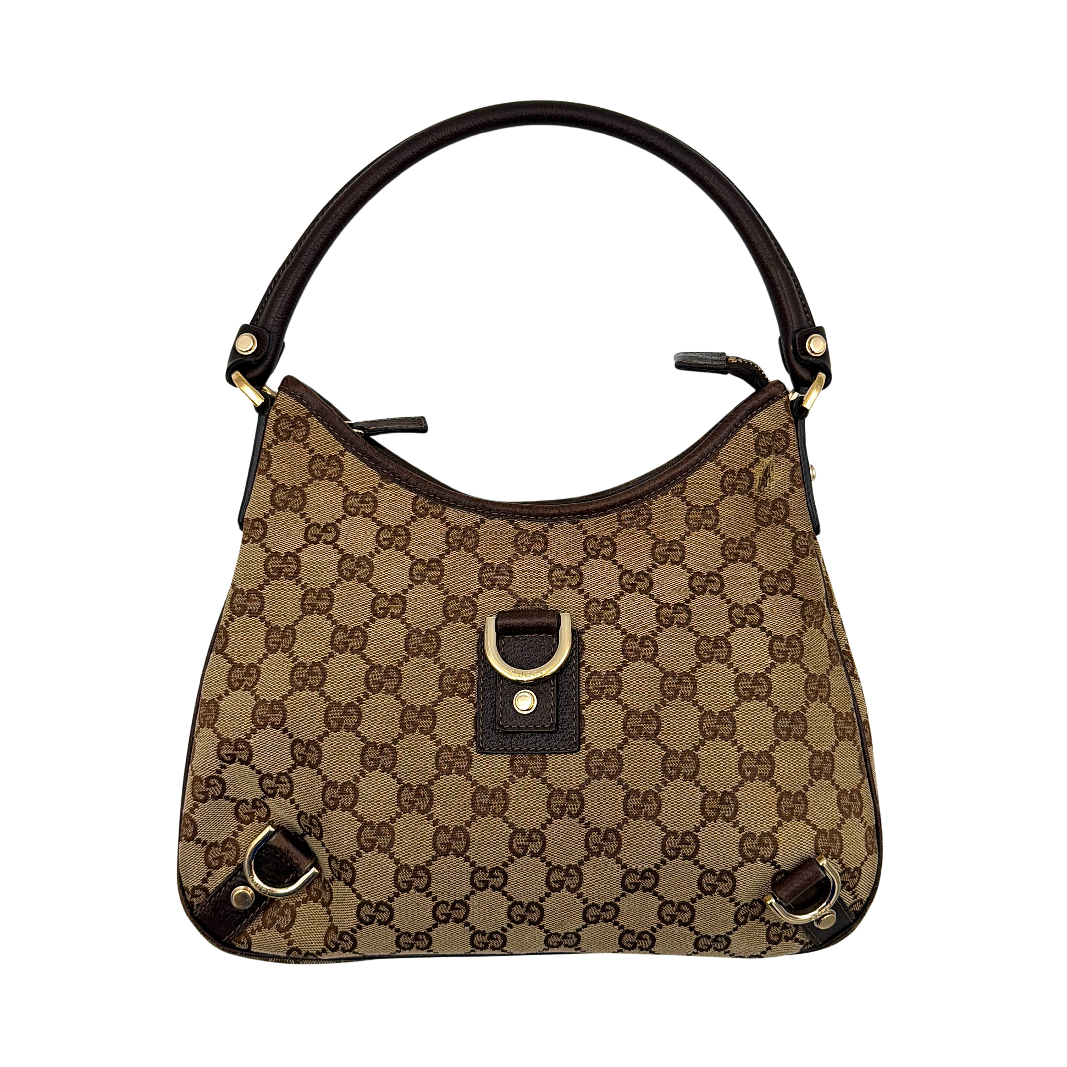 Front view of the Gucci GG Monogram Jacquard Abbey Hobo Bag in beige and brown canvas with gold-tone hardware and dark brown leather trim.