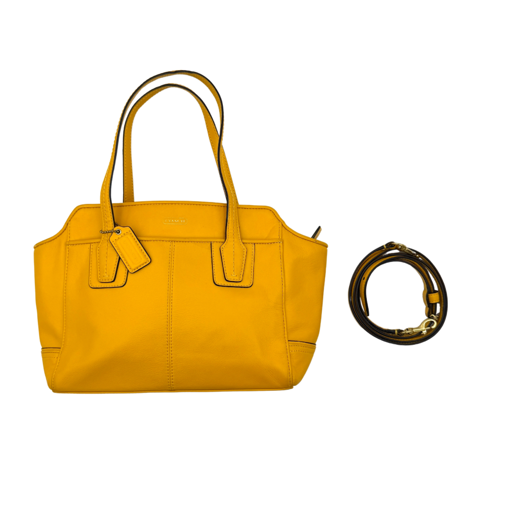 Coach Taylor Bette Mini Tote Bag in vibrant yellow leather with double top handles and detachable shoulder strap displayed beside it.