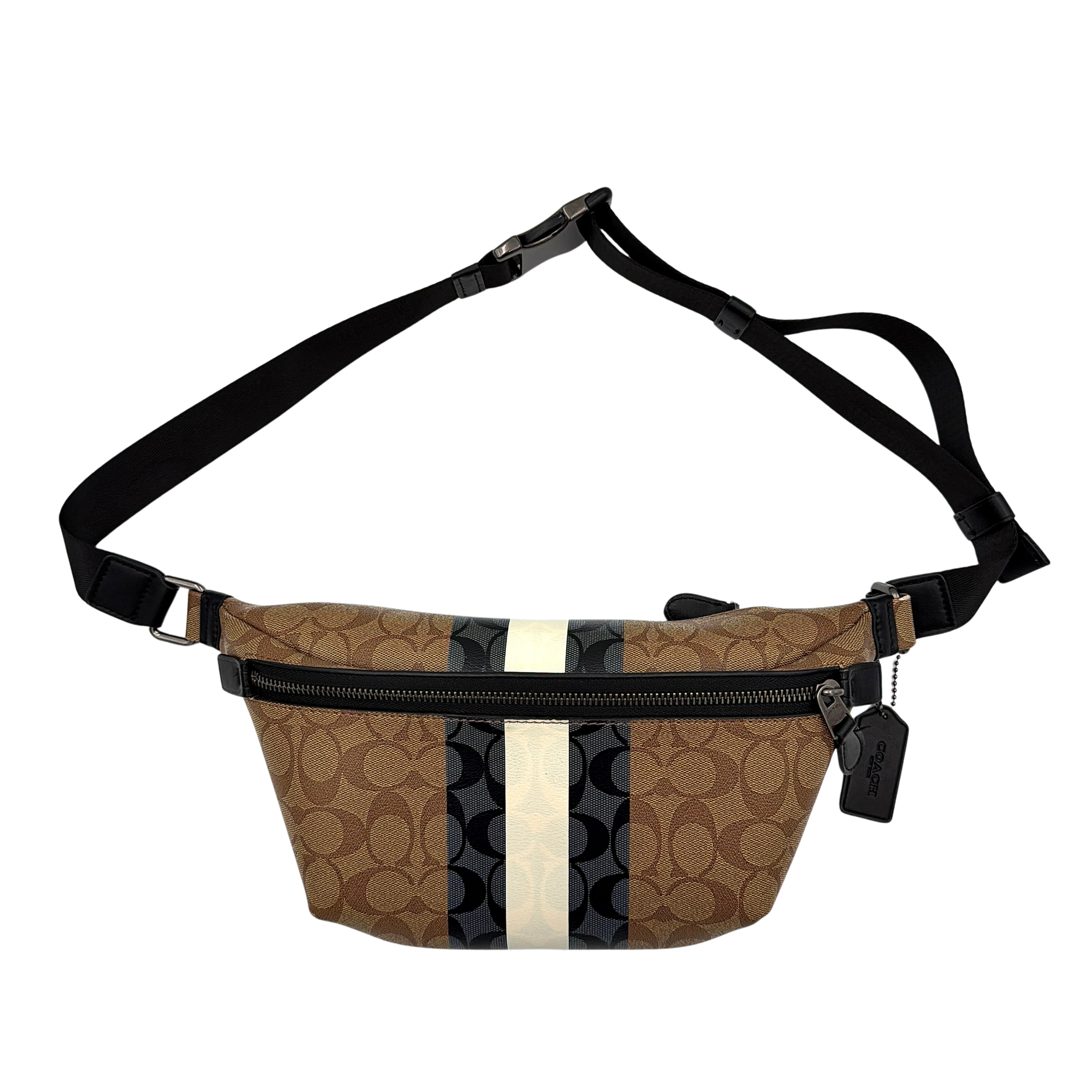 Coach Signature Warren Stripe Belt Bag in beige canvas with black and ivory vertical stripes and adjustable black strap.