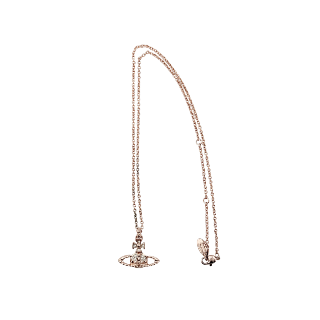 Vivienne Westwood Orb Necklace in rose gold and silver, presented on a fine chain with the signature crystal-embellished pendant.