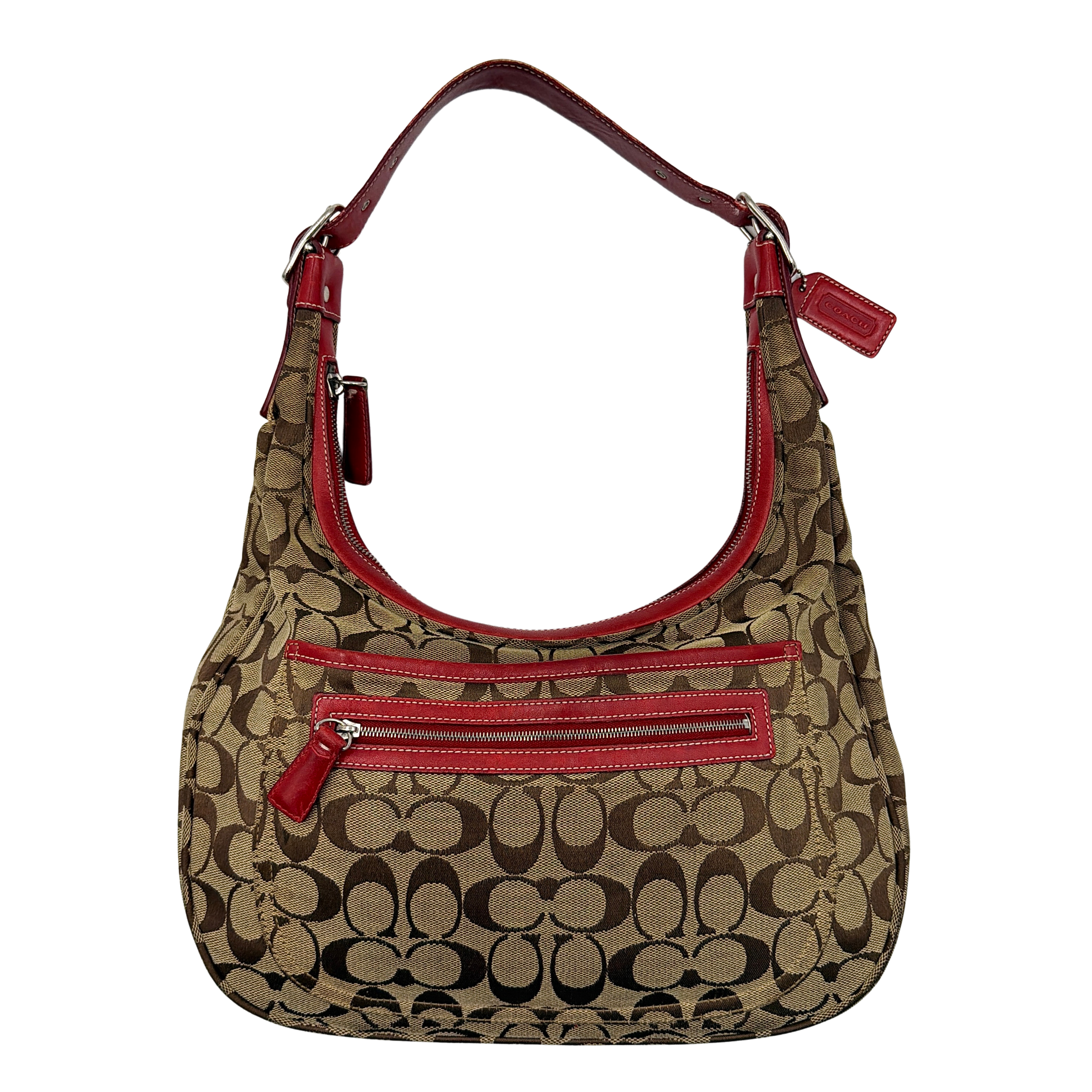 Coach Signature Hamilton Hobo Shoulder Bag in beige monogram canvas with striking red leather trim and a wide hobo silhouette.
