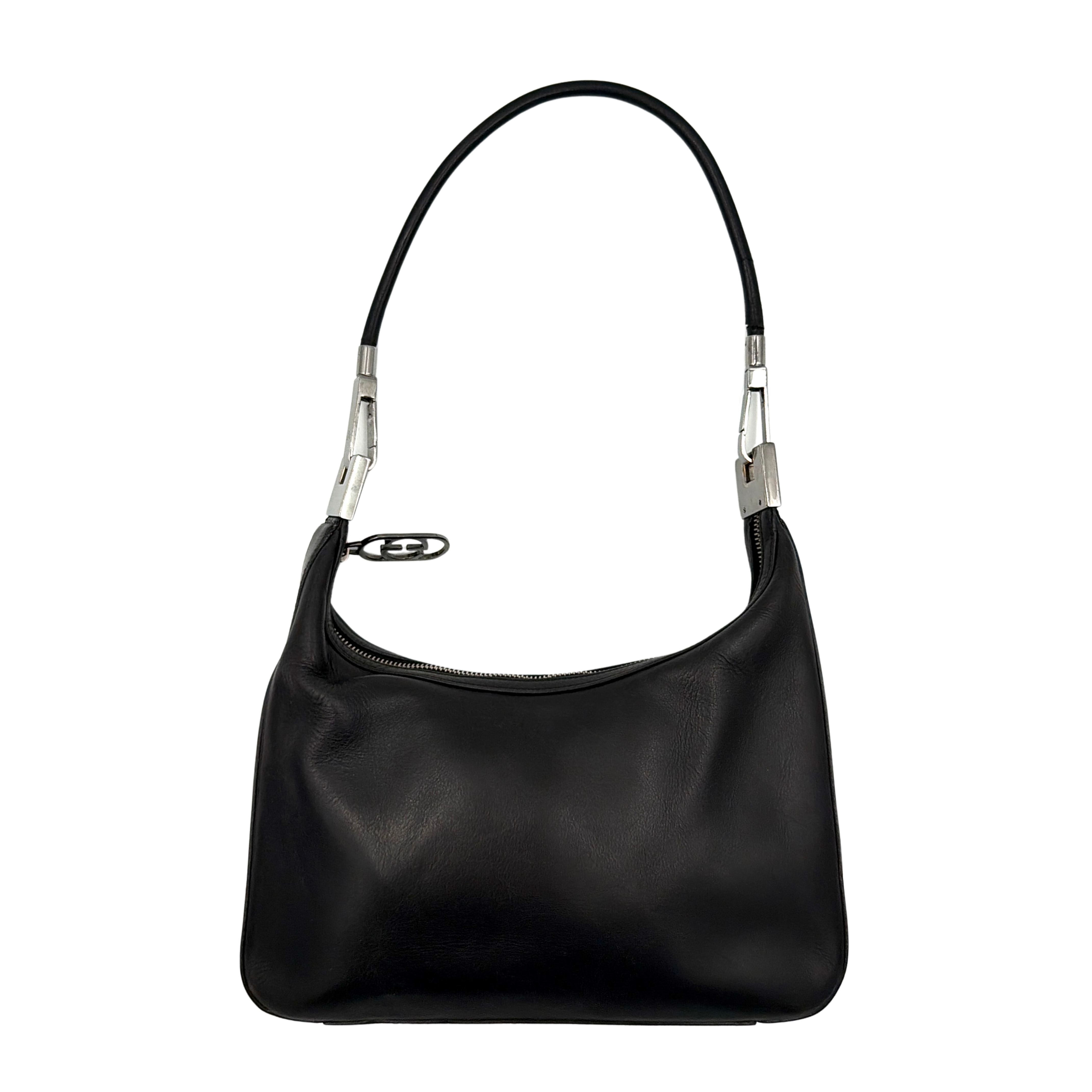 Gucci GG Leather Hobo Shoulder Bag in black smooth leather with sculptural silver-tone hardware and signature GG zip pull.