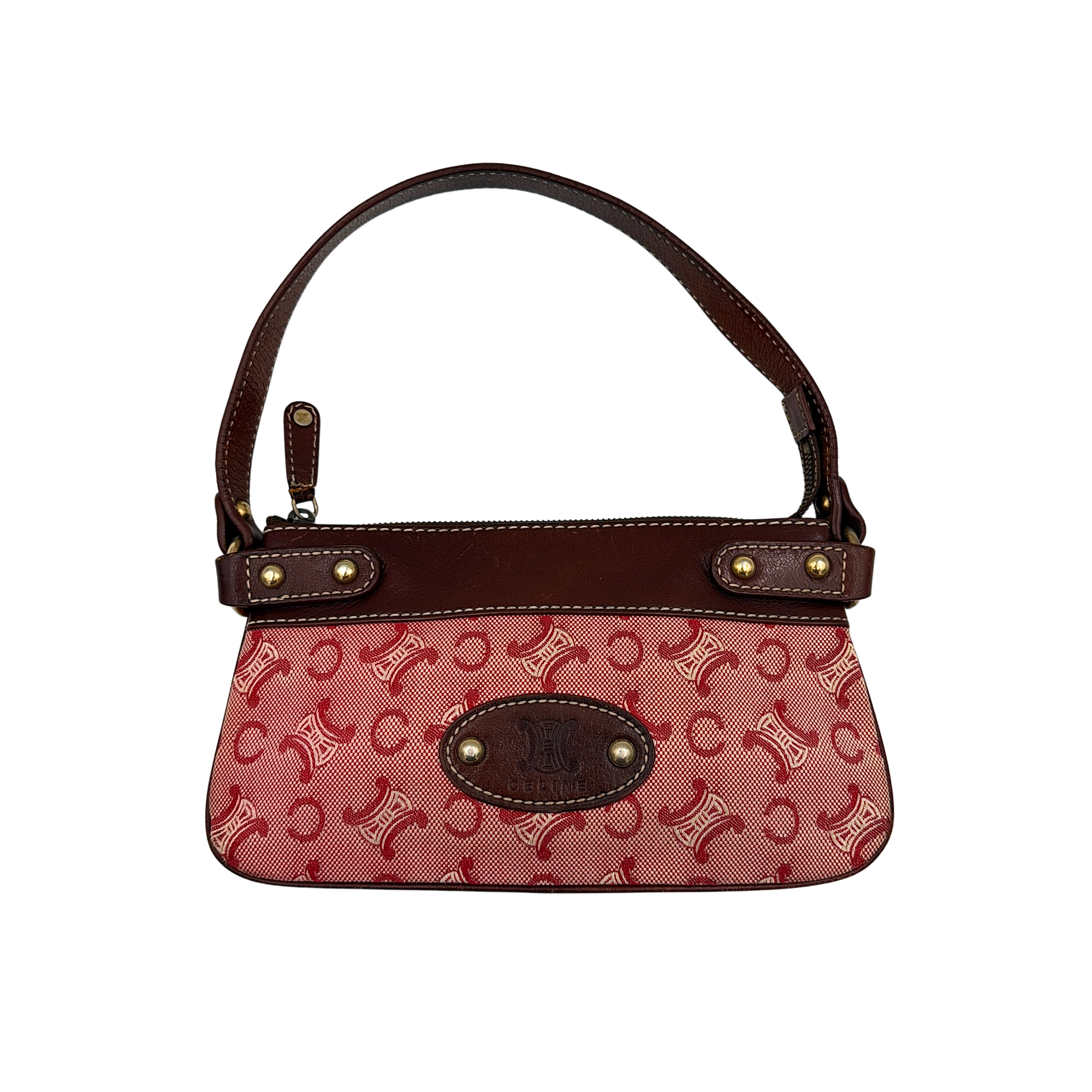 Celine Macadam shoulder bag in red coated canvas with brown leather trim and gold-tone hardware.