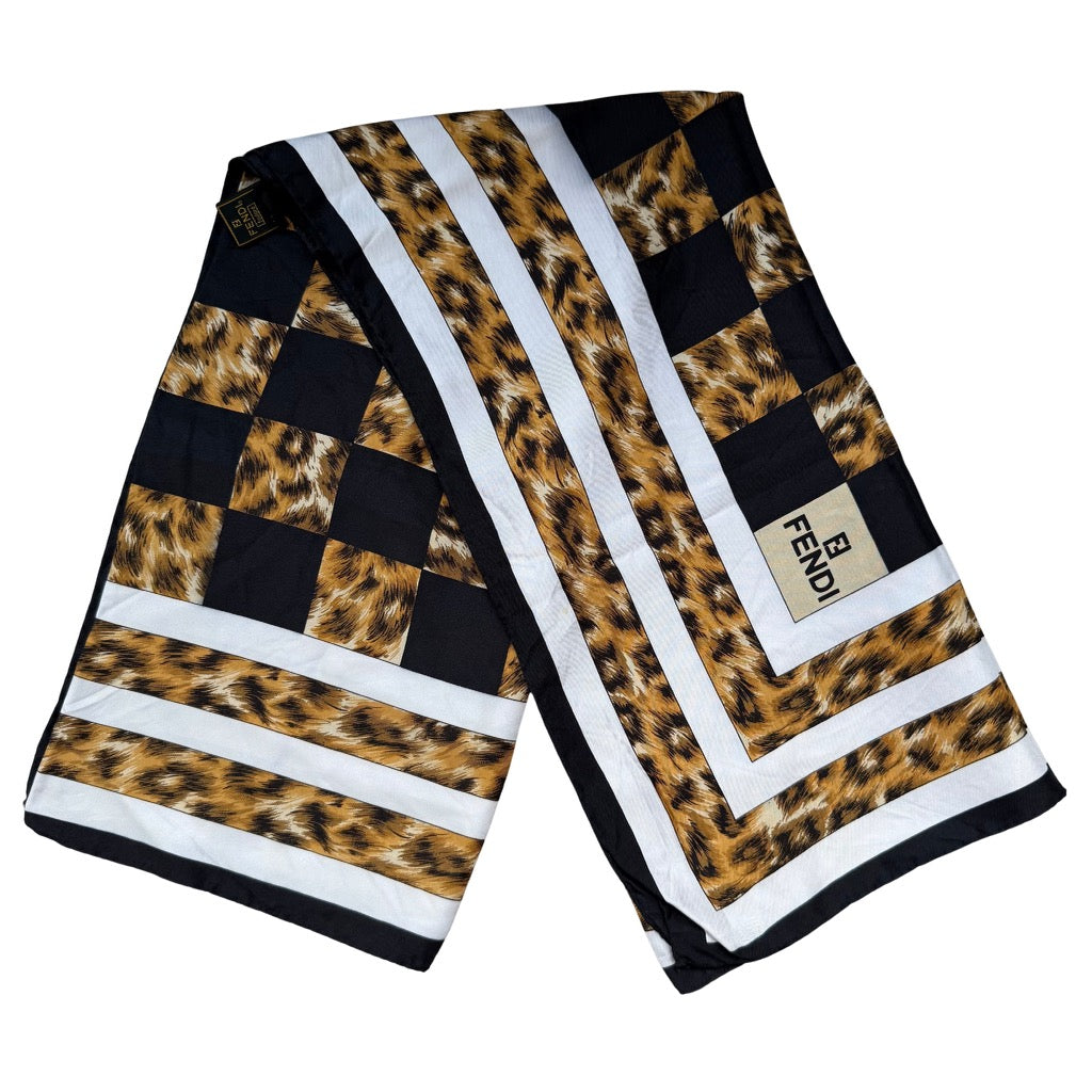 Fendi Checkered Leopard Print Silk Scarf