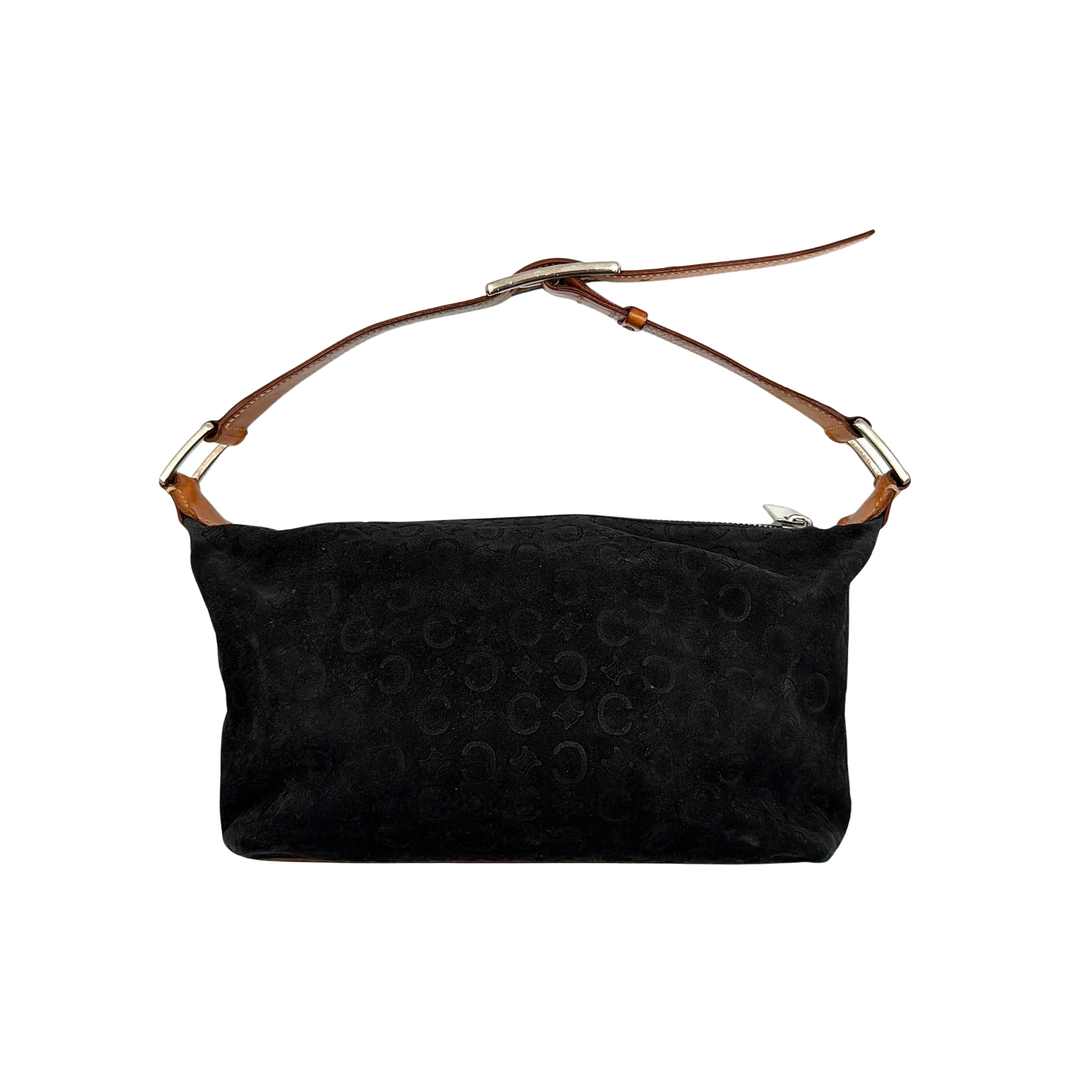Celine black suede shoulder bag with embossed Triomphe motif, tan leather strap and silver-tone hardware, displayed from the front.