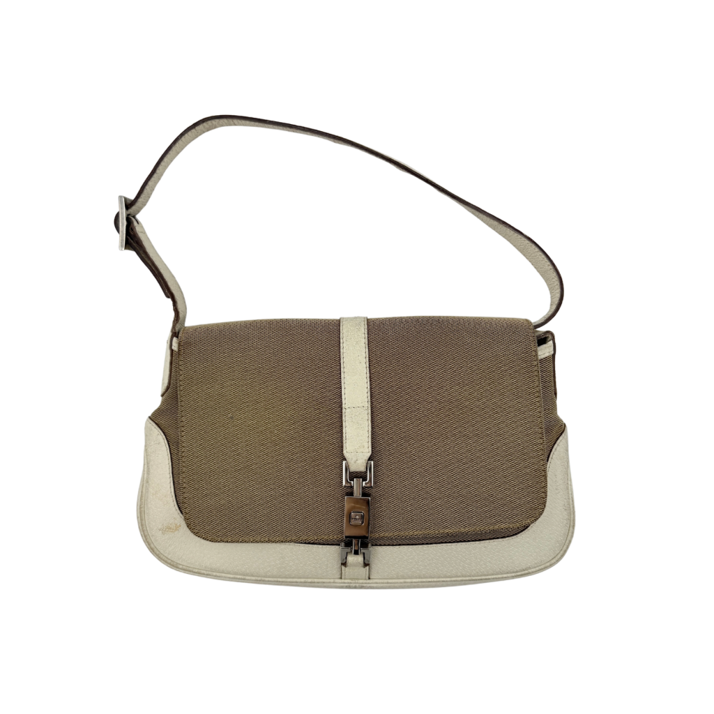 Gucci Jackie Shoulder Bag in brown canvas and white leather trim with silver-tone hardware, displayed against a clean background.