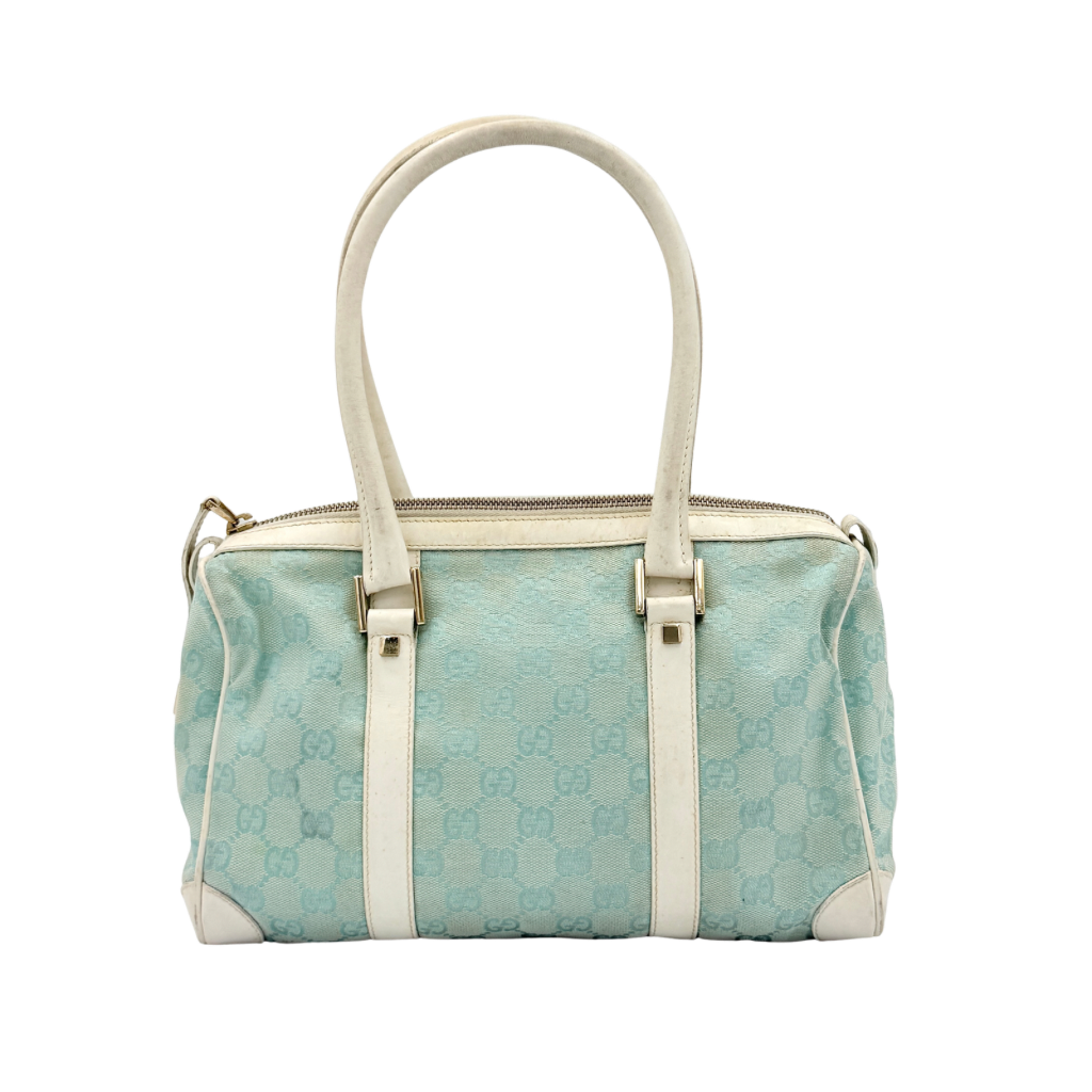 Gucci GG Monogram Boston Shoulder Bag in blue and white canvas with white leather trim, structured silhouette and double top handles.