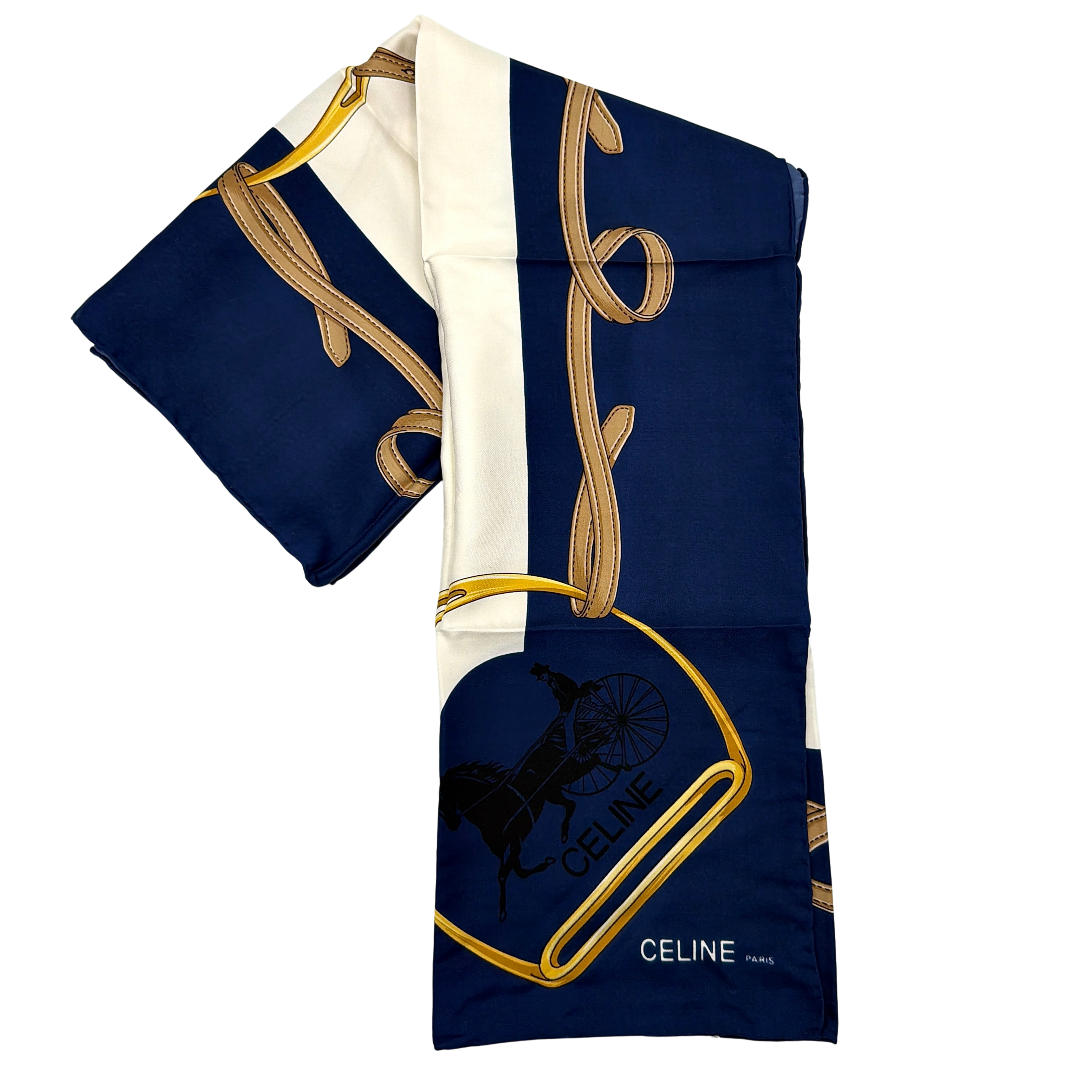 Celine silk scarf in navy blue with equestrian-inspired yellow and tan rein motif and carriage logo on silk.