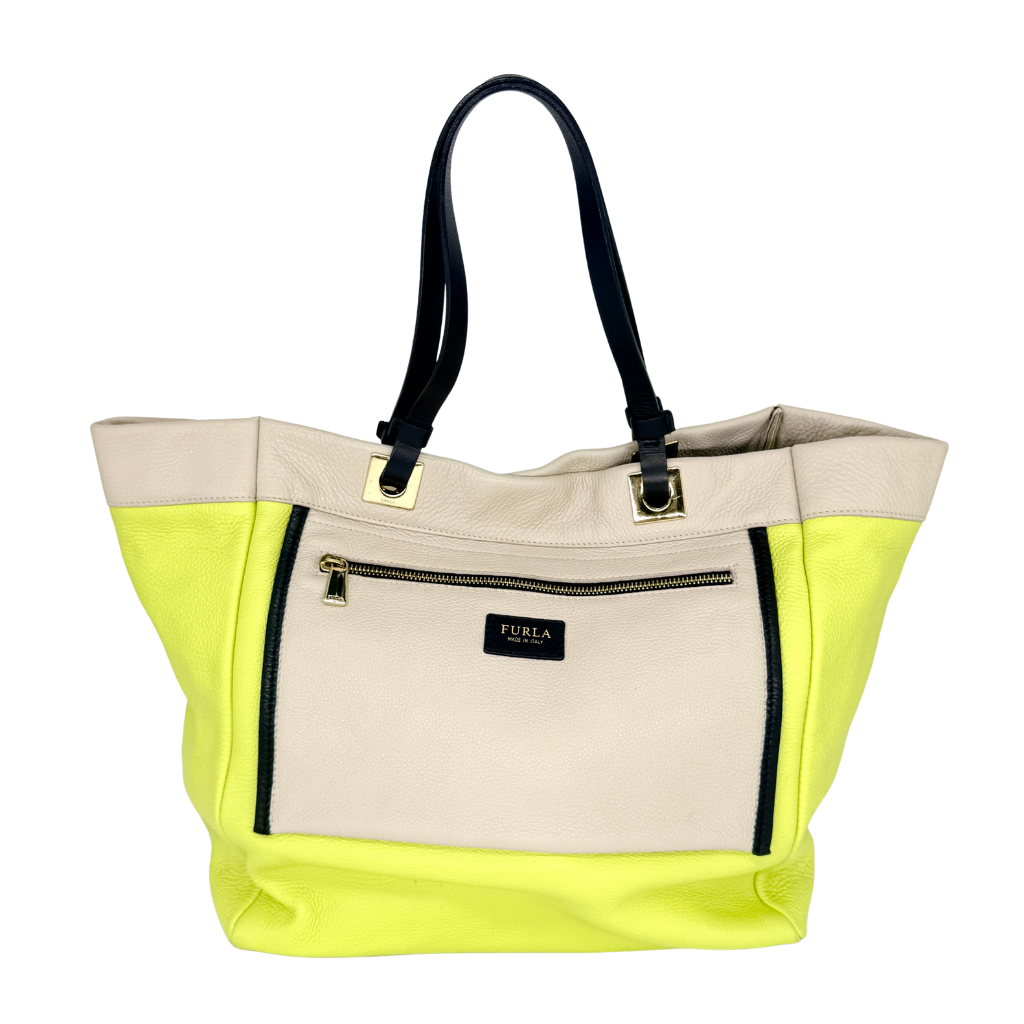 Furla Shopper Tote in neon yellow and beige grained leather with black handles and gold-tone hardware.