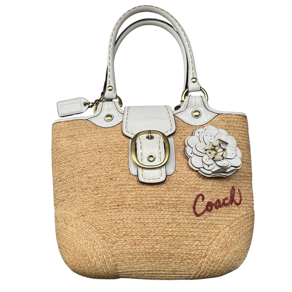 Coach Bleecker Straw Tote Bag Tan/White