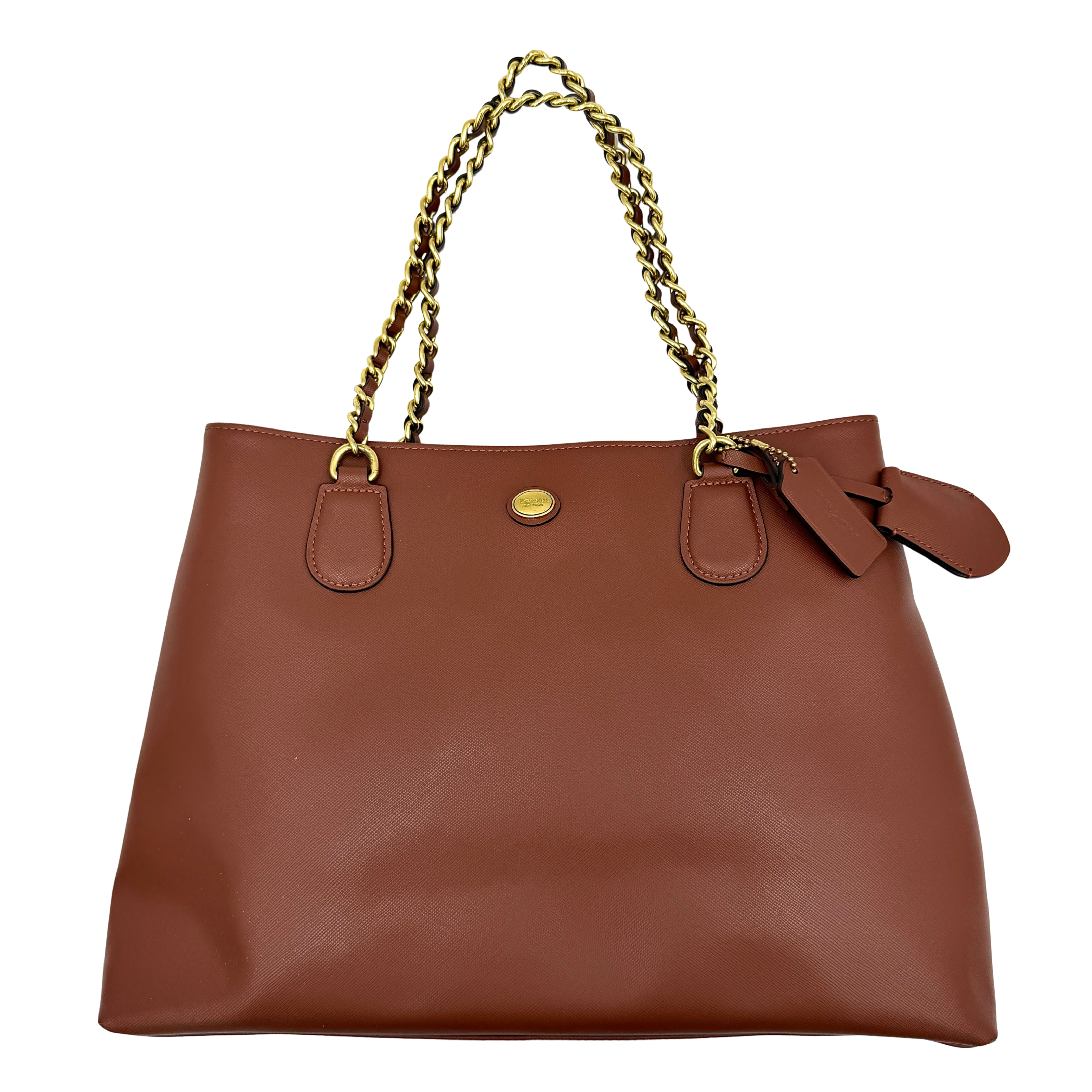 Coach Peyton Chain Shoulder Bag in brown leather with gold-tone chain handles, styled against a clean background.