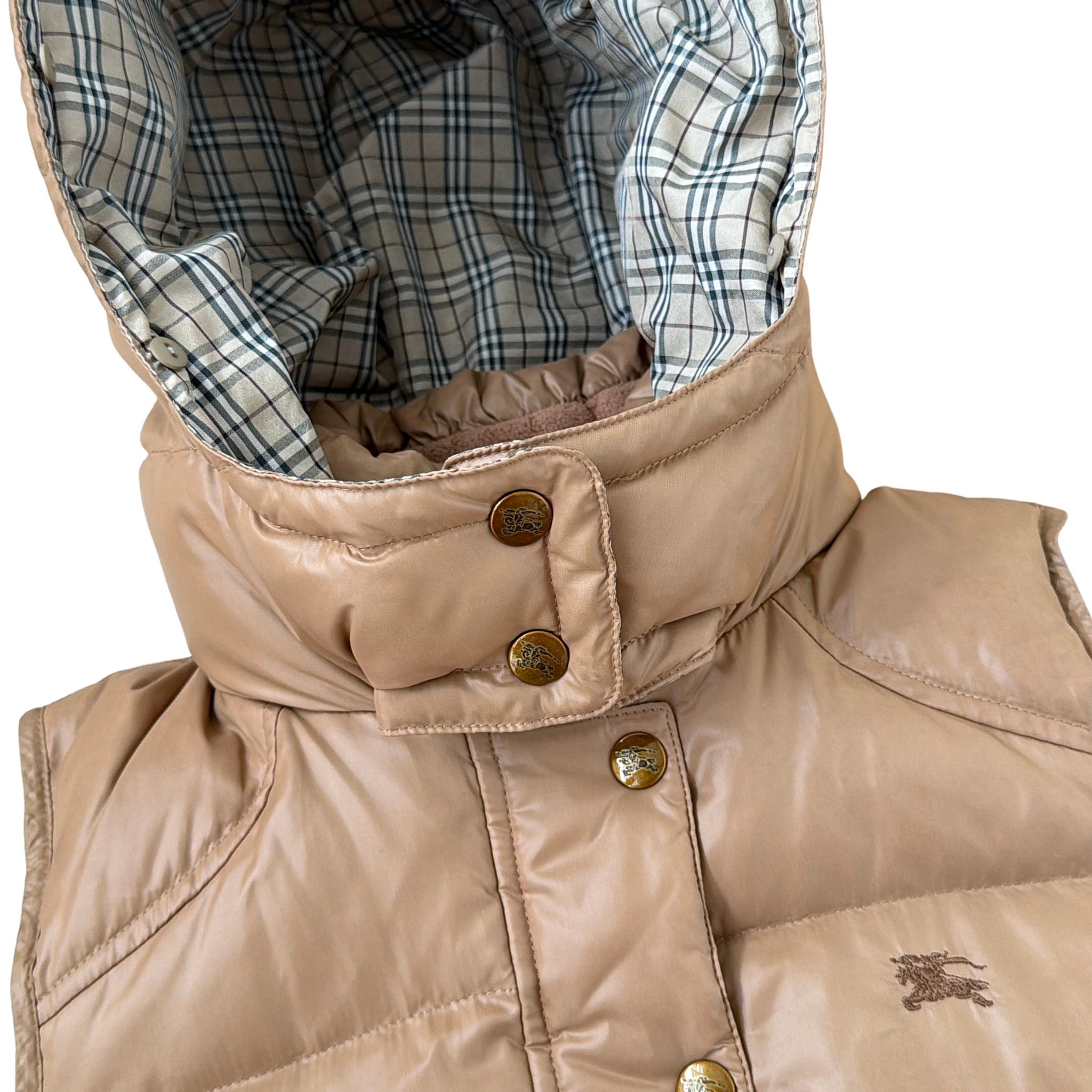(38) Burberry Blue Label Nova Check Down Puffer Hoodie Vest Beige