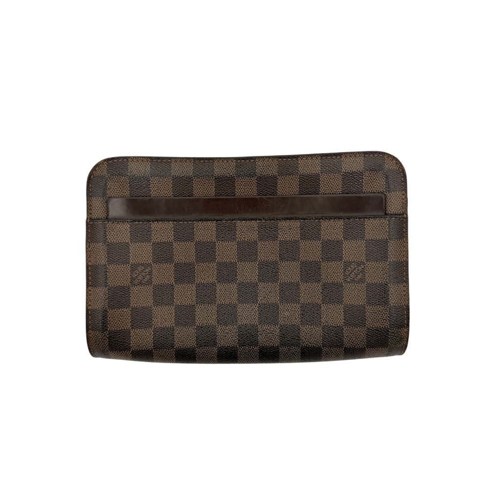 Louis Vuitton Saint Louis Damier Clutch Bag in brown Damier Ebene canvas with chocolate leather trim and gold-tone hardware, photographed on white background.