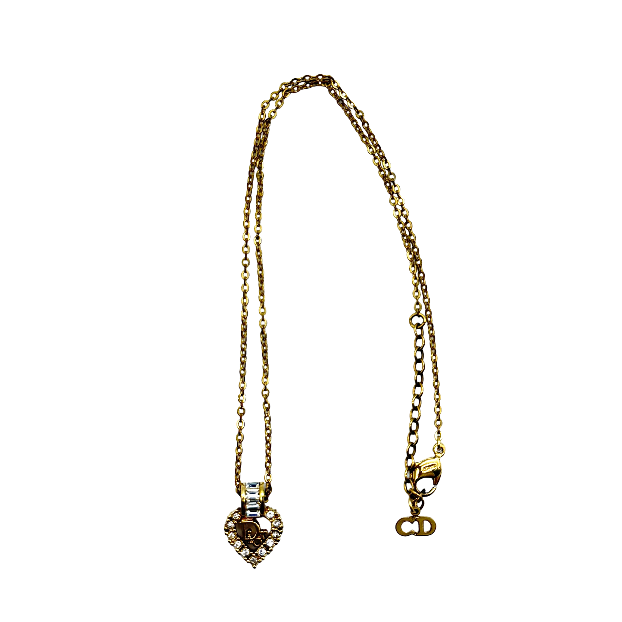 Dior Rhinestone Heart Logo Necklace Gold