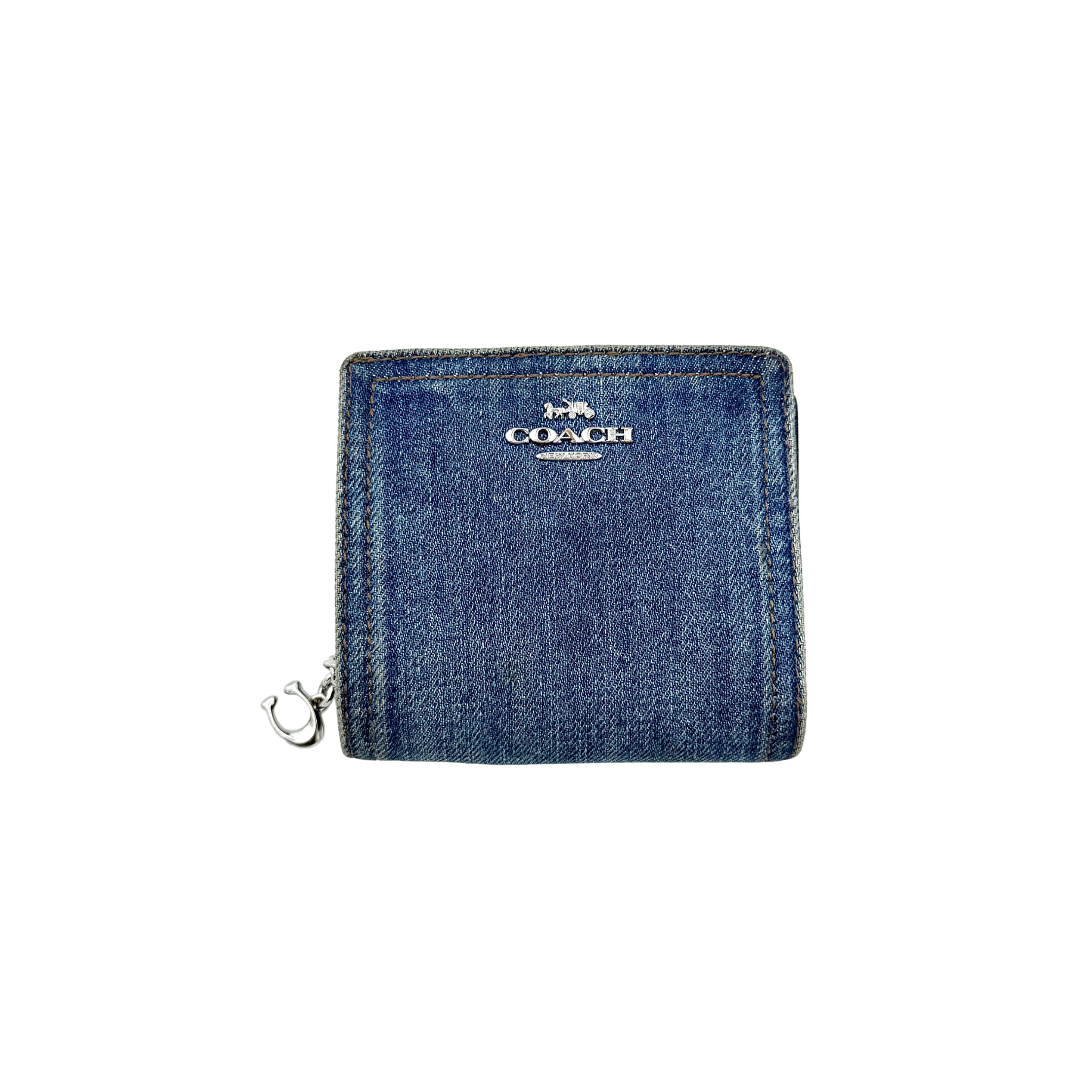 Coach Signature Snap Wallet in blue denim with silver-tone logo, shown closed from the front.