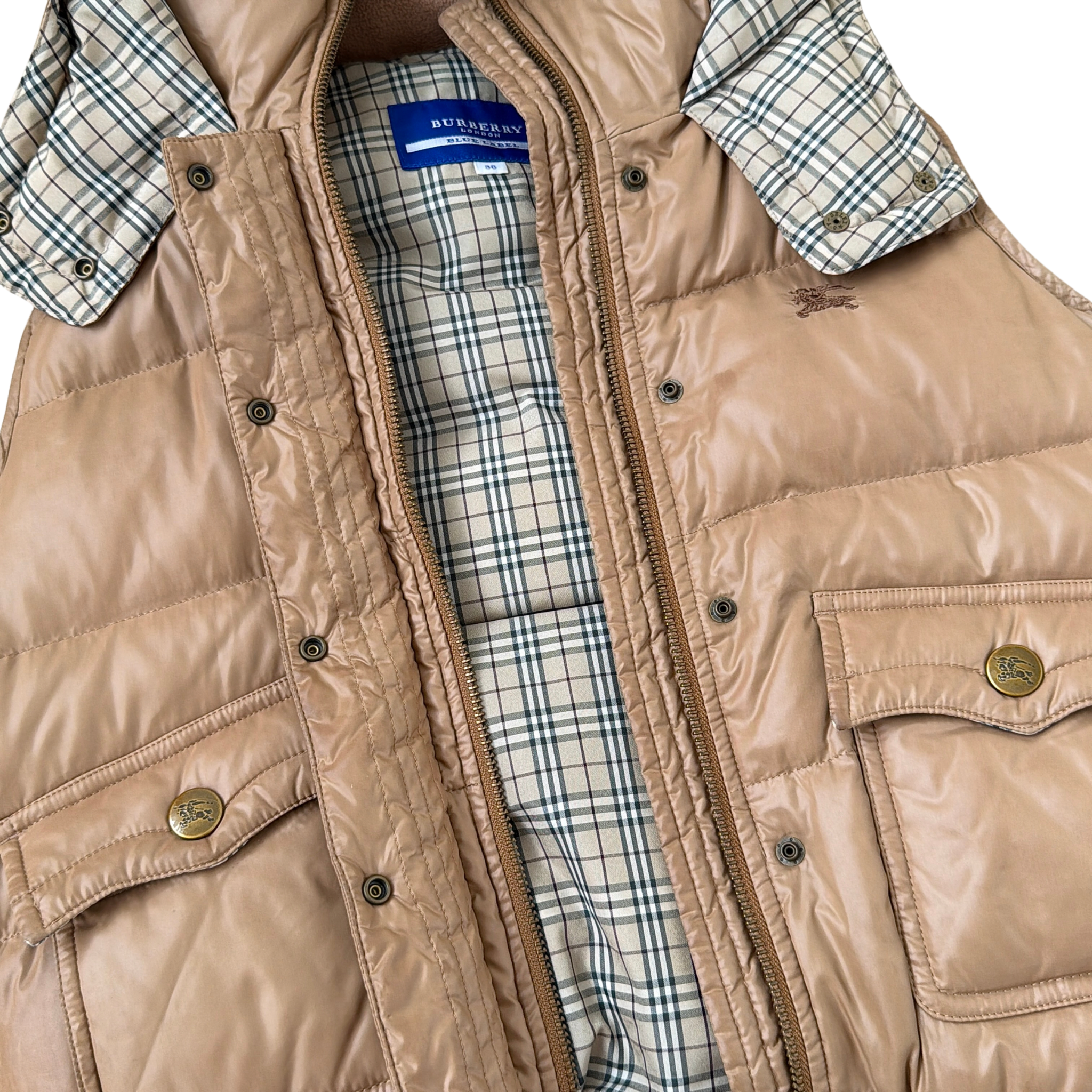 (38) Burberry Blue Label Nova Check Down Puffer Hoodie Vest Beige