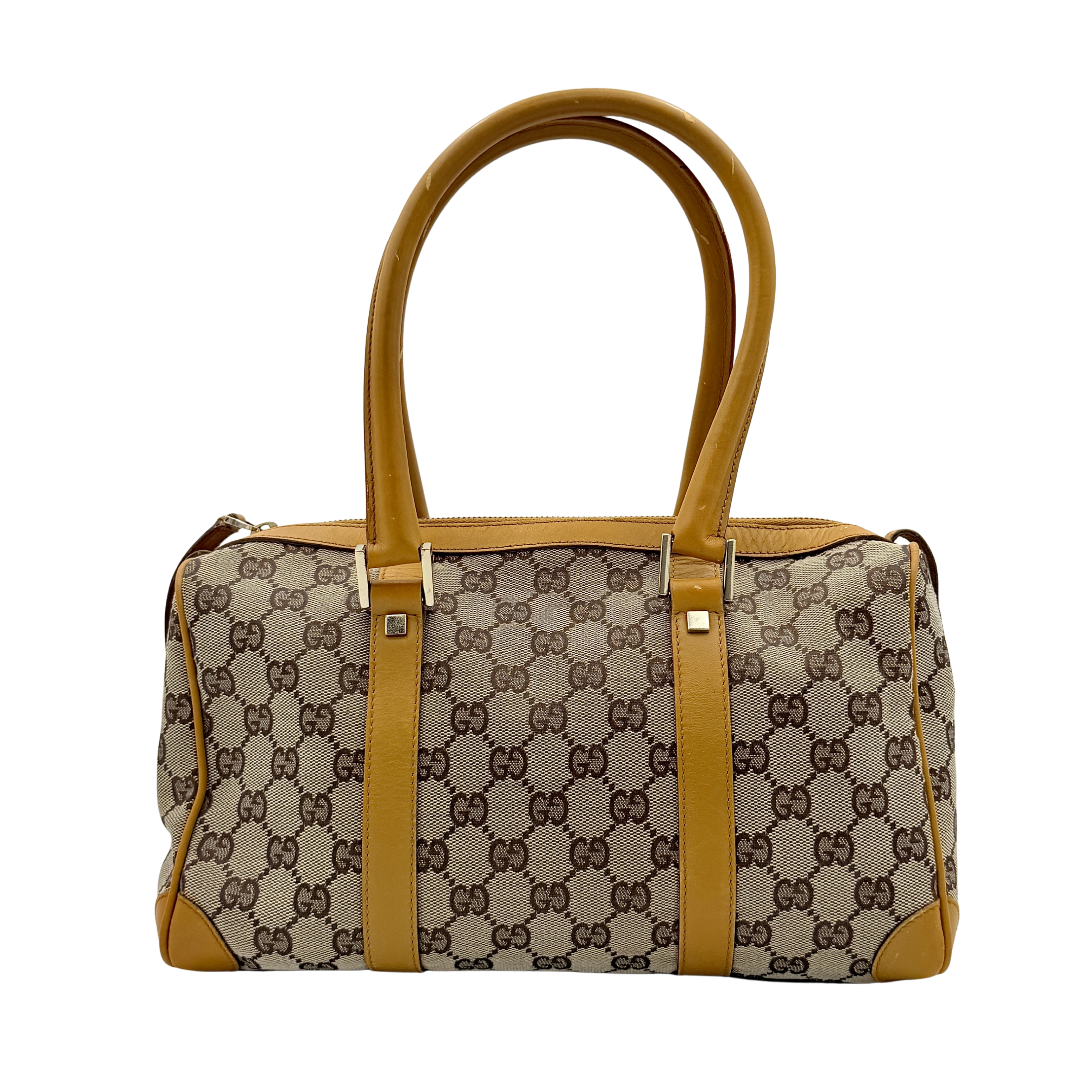 Gucci Abbey Mini Boston shoulder bag in beige GG monogram canvas with caramel leather trim and silver-tone hardware.