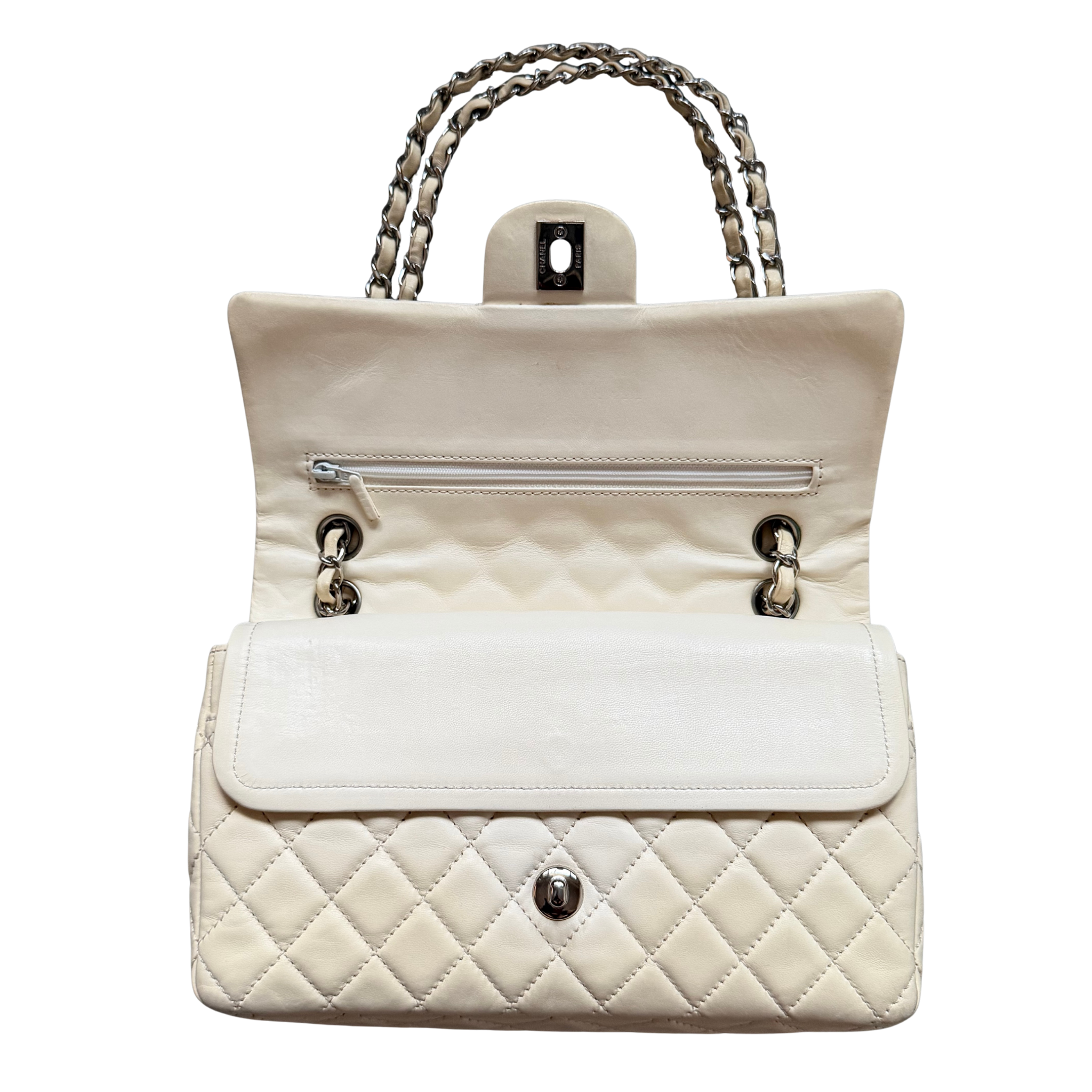 Chanel 25 Matelasse Quilted Double Flap Shoulder Bag Off-White