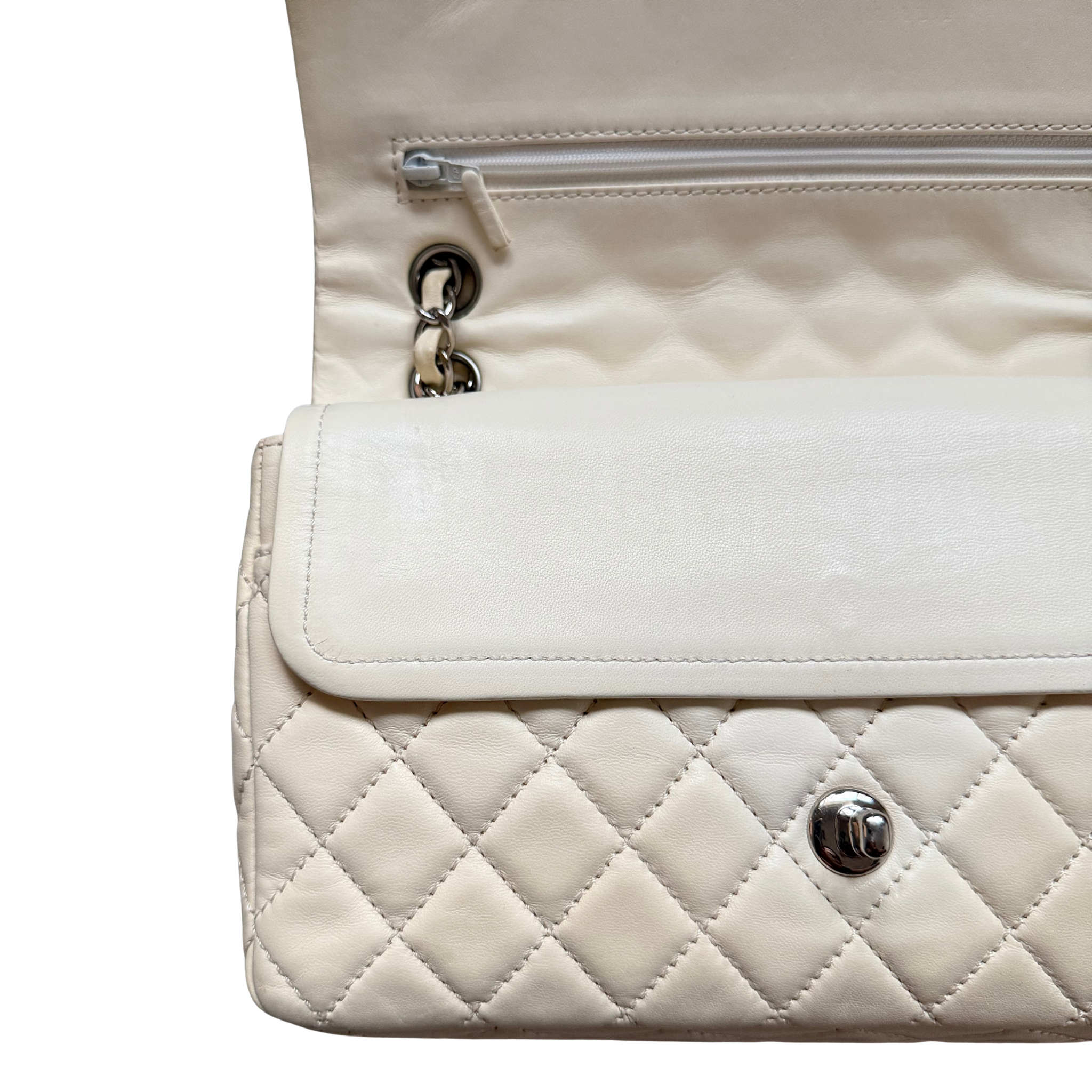 Chanel 25 Matelasse Quilted Double Flap Shoulder Bag Off-White