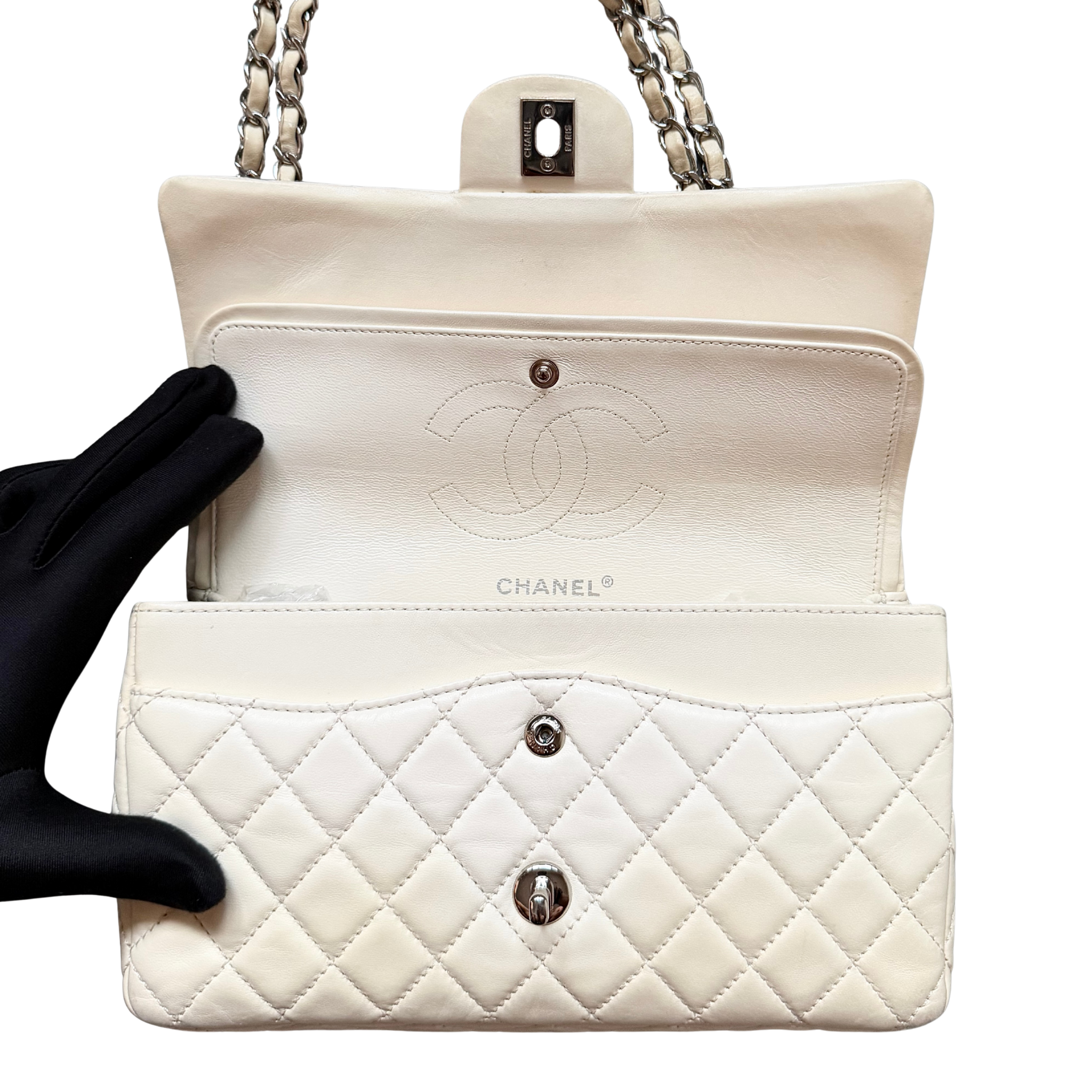 Chanel 25 Matelasse Quilted Double Flap Shoulder Bag Off-White