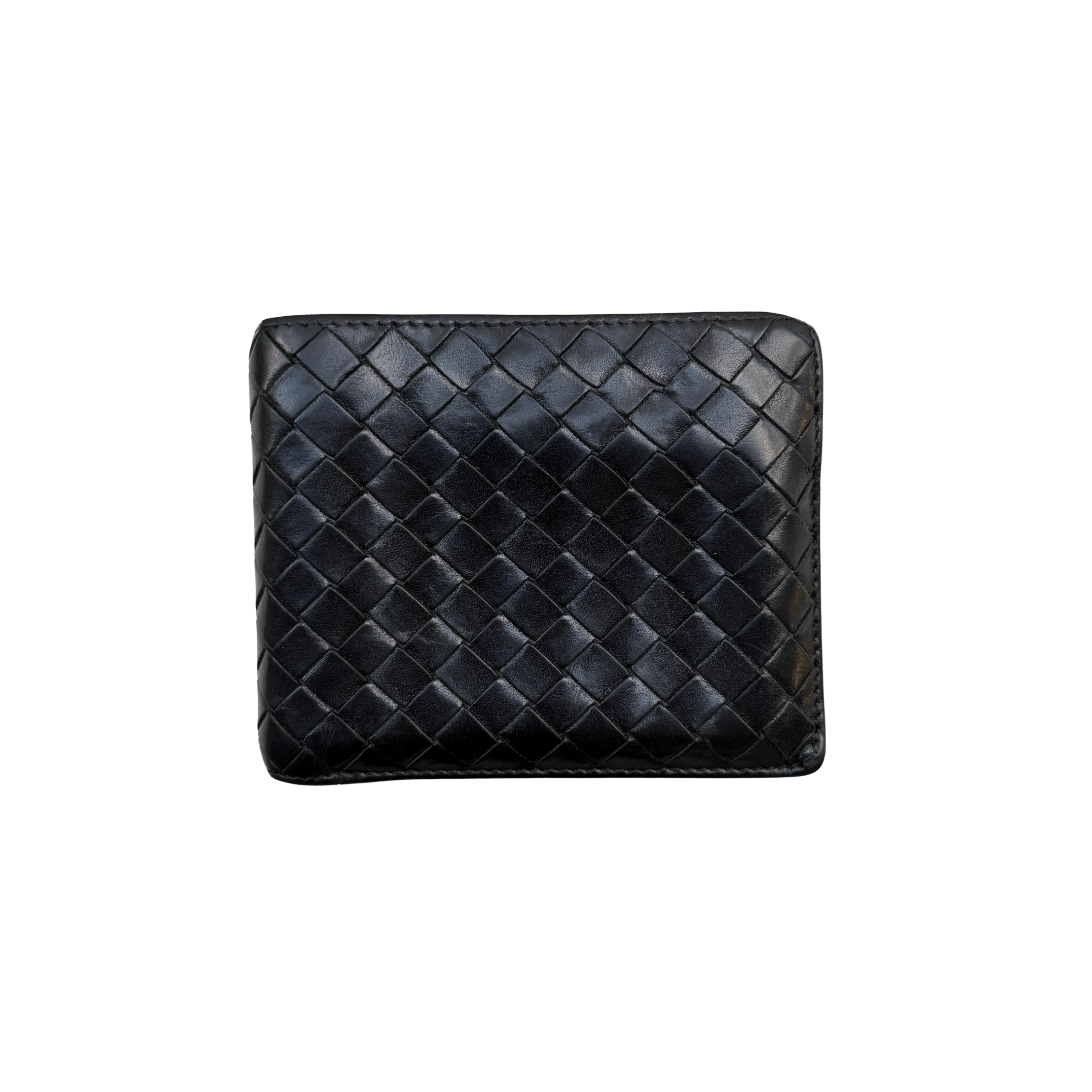 Bottega Veneta Intrecciato wallet in black leather featuring the iconic woven design and a structured rectangular shape.