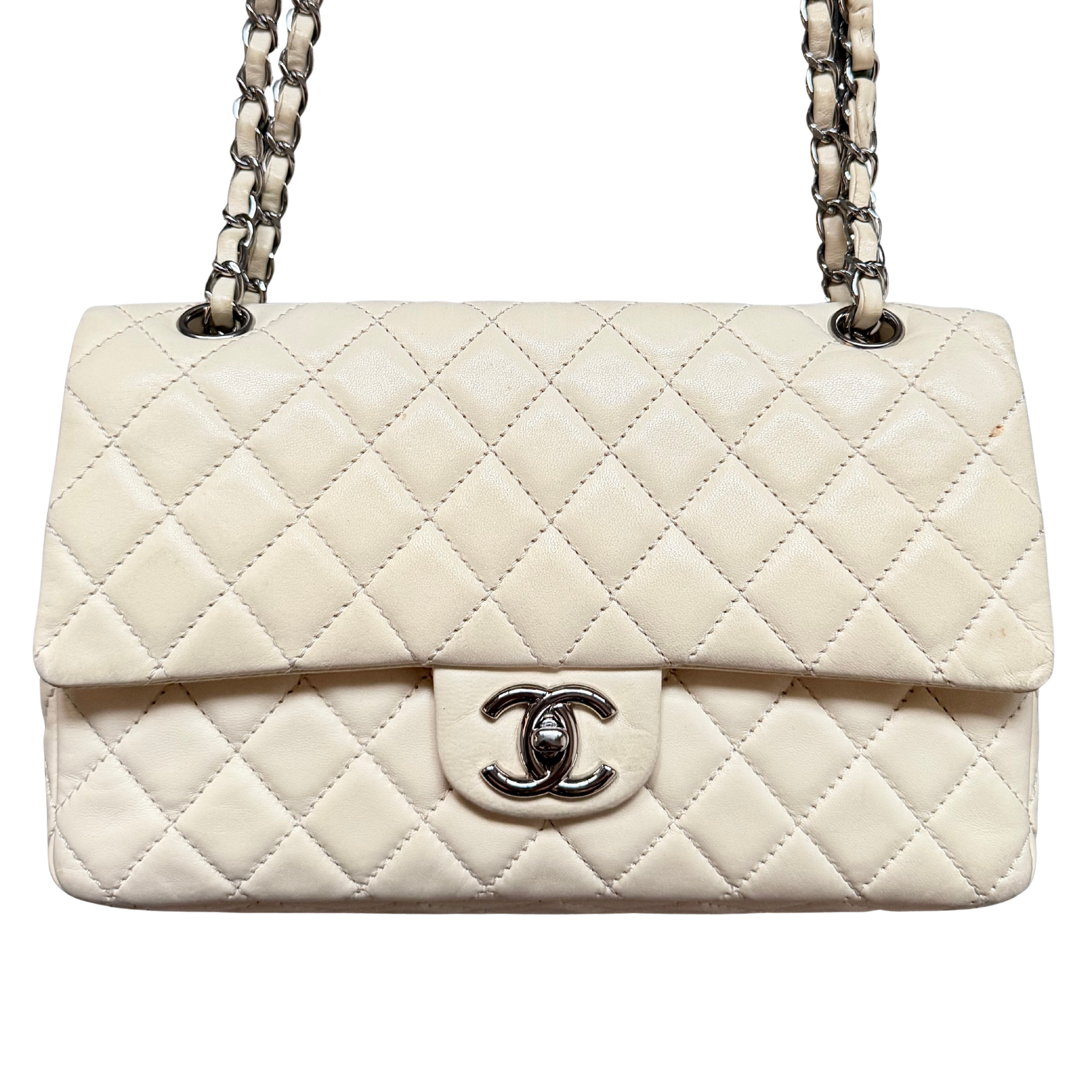 Chanel 25 Matelasse Quilted Double Flap Shoulder Bag Off-White