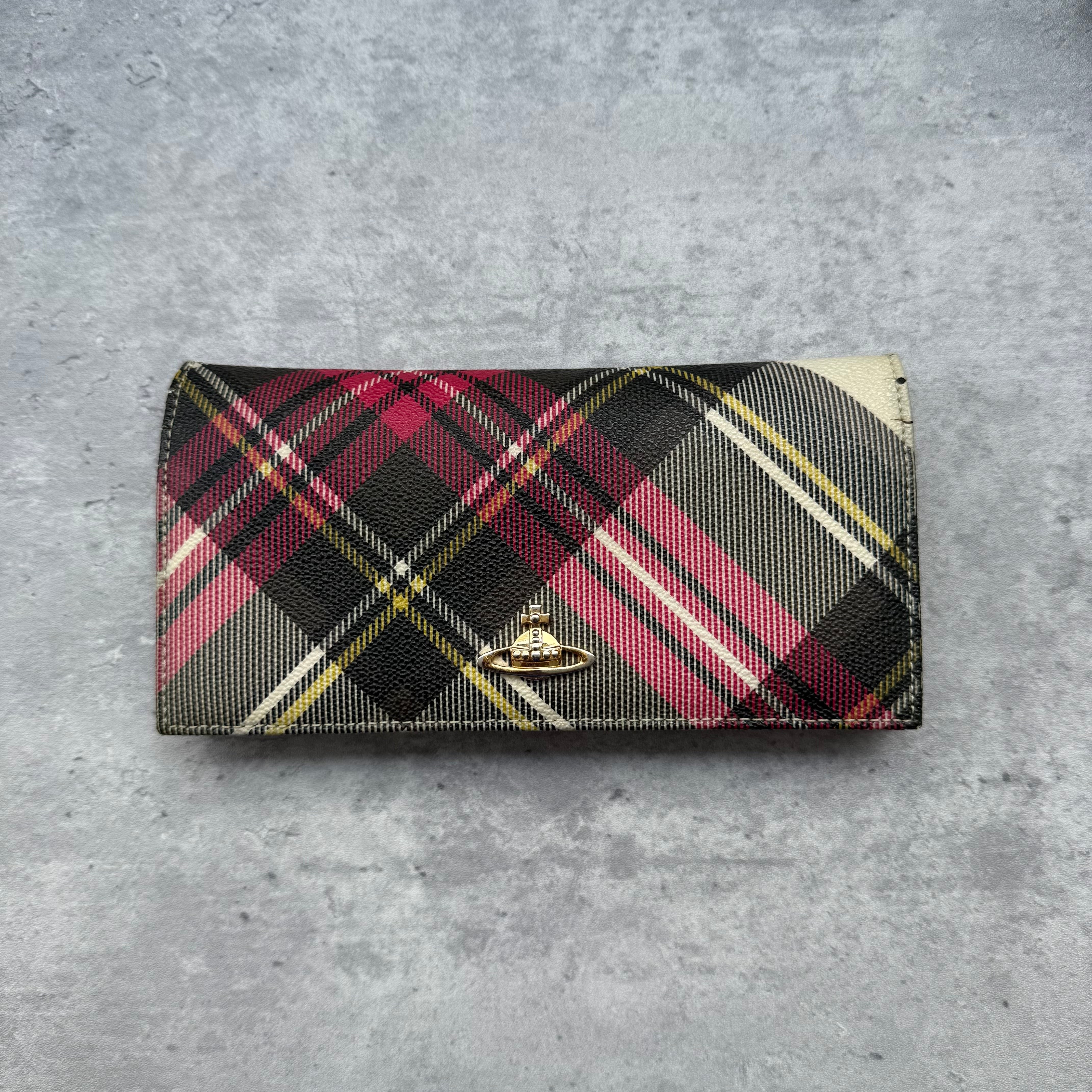 Vivienne Westwood Orb Multicolor Long Wallet, featuring tartan check coated canvas with gold-tone Orb emblem and spacious card slot interior.