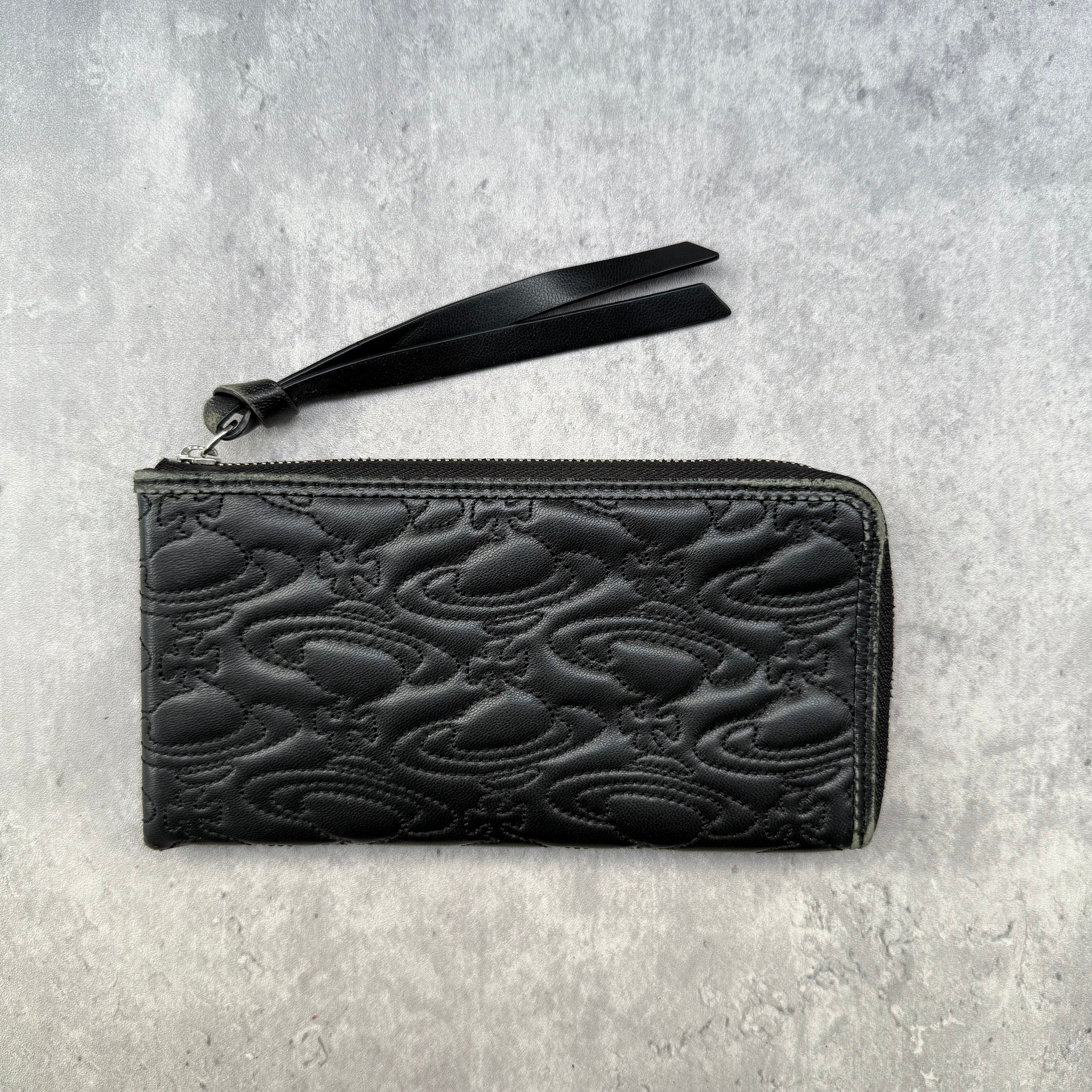 Vivienne Westwood Quilted Orb Long Zipper Wallet in black leather with zip-around closure and embossed orb motif