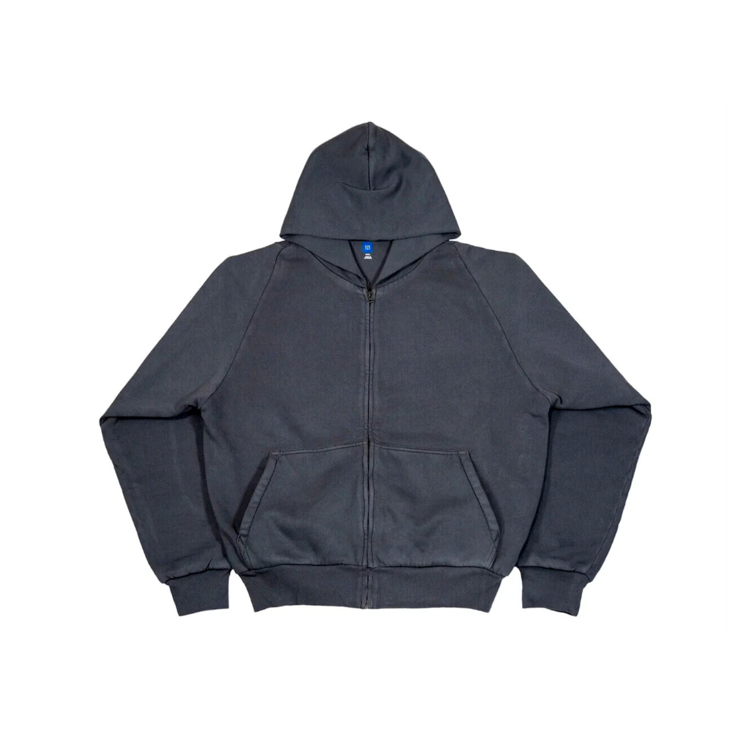 Yeezy x Gap Zip Up Exclusive Hoodie in Black, featuring a washed finish, raglan sleeves, and double-layer hood.
