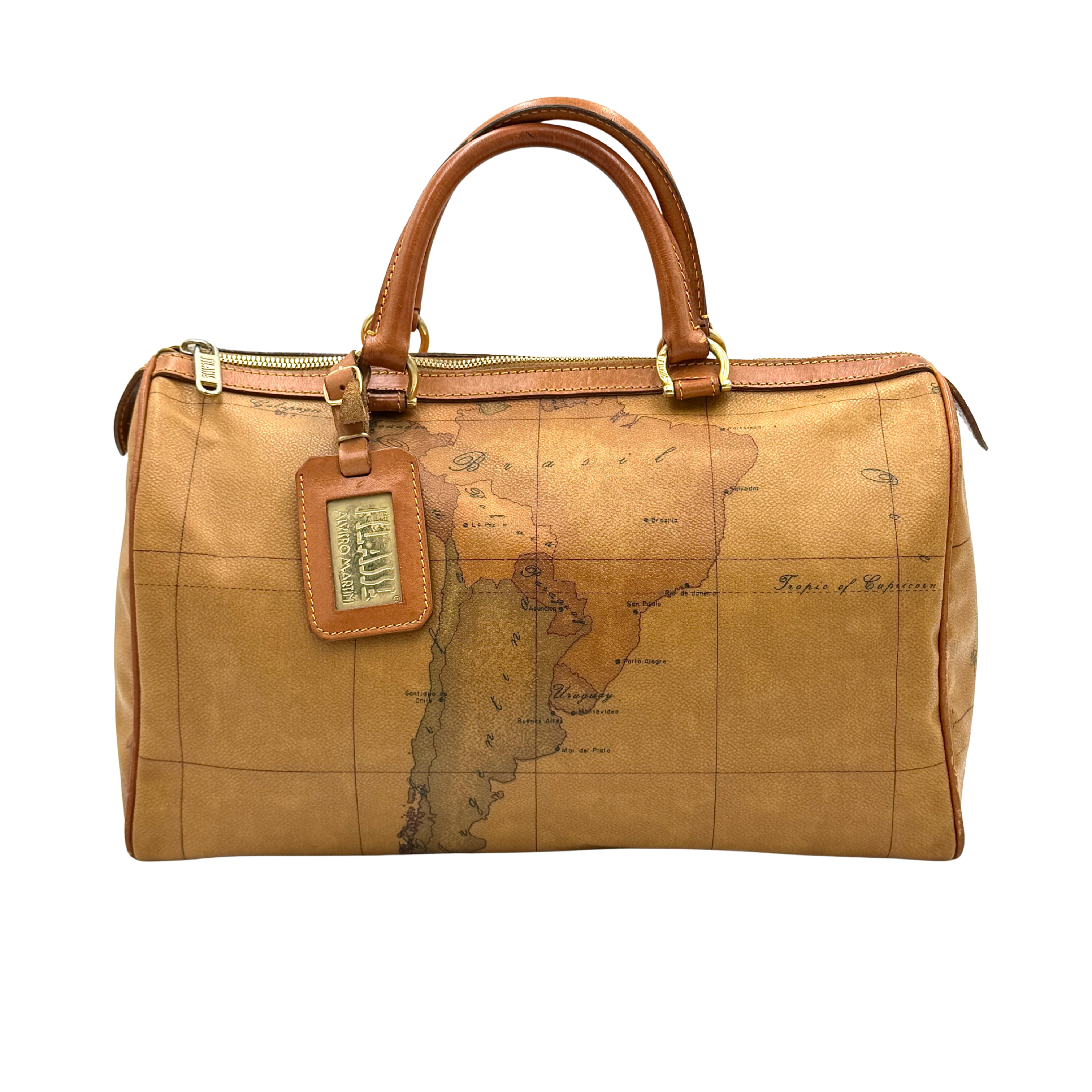Alviero Martini 1A Classe Geo Boston Bag in tan with signature geo design and dual handles