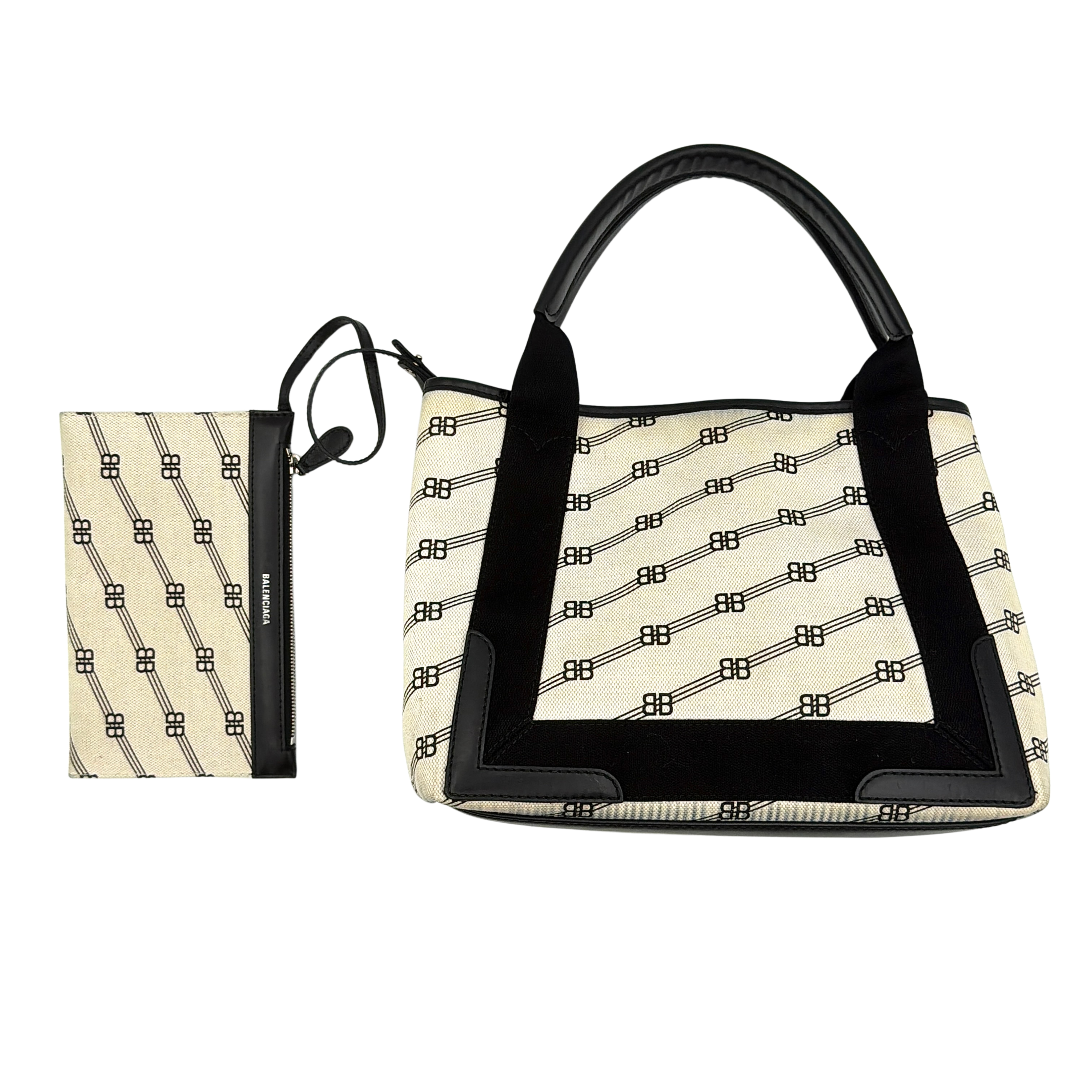 Balenciaga BB Navy Cabas tote bag in black and cream with BB monogram print, contrast black trim, top handles, and matching removable pouch.