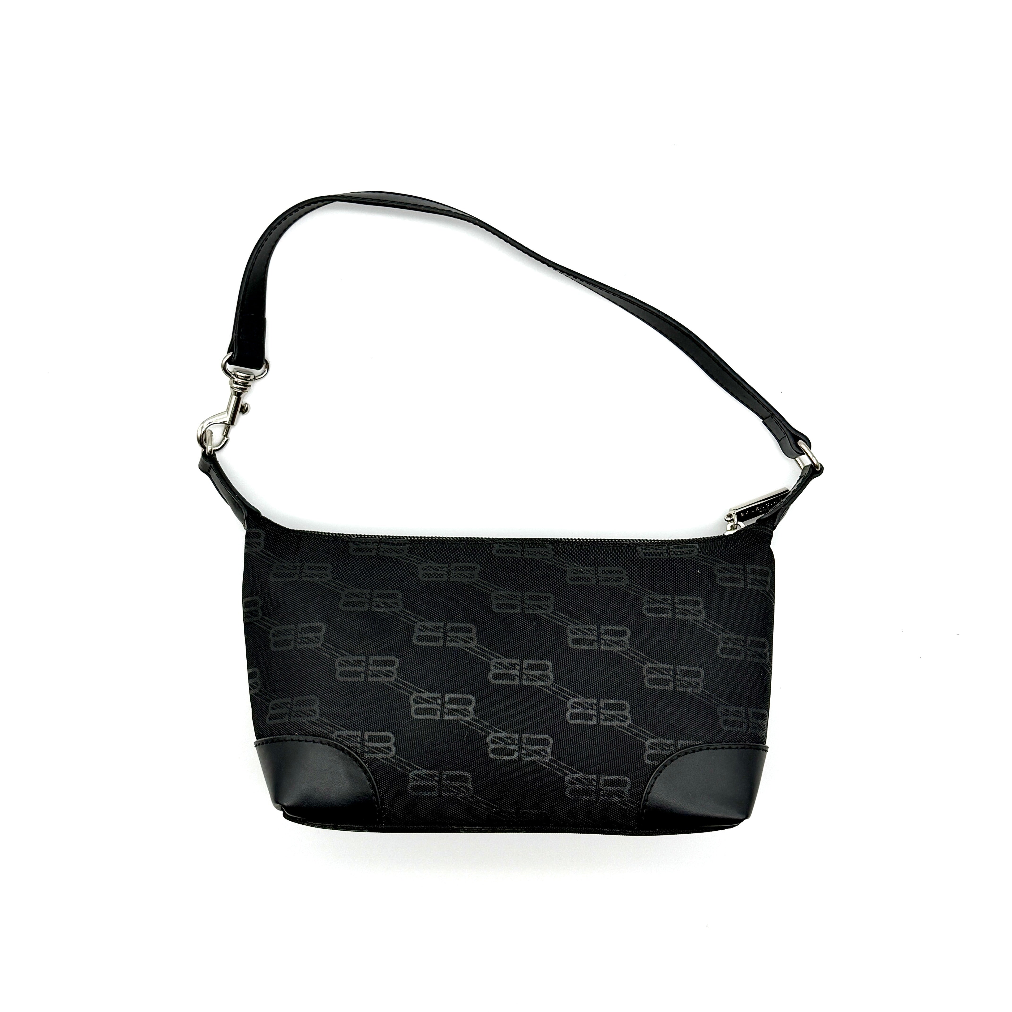 Balenciaga BB Print Shoulder Bag Black with monogram fabric, leather trim, detachable strap, and silver-tone hardware.