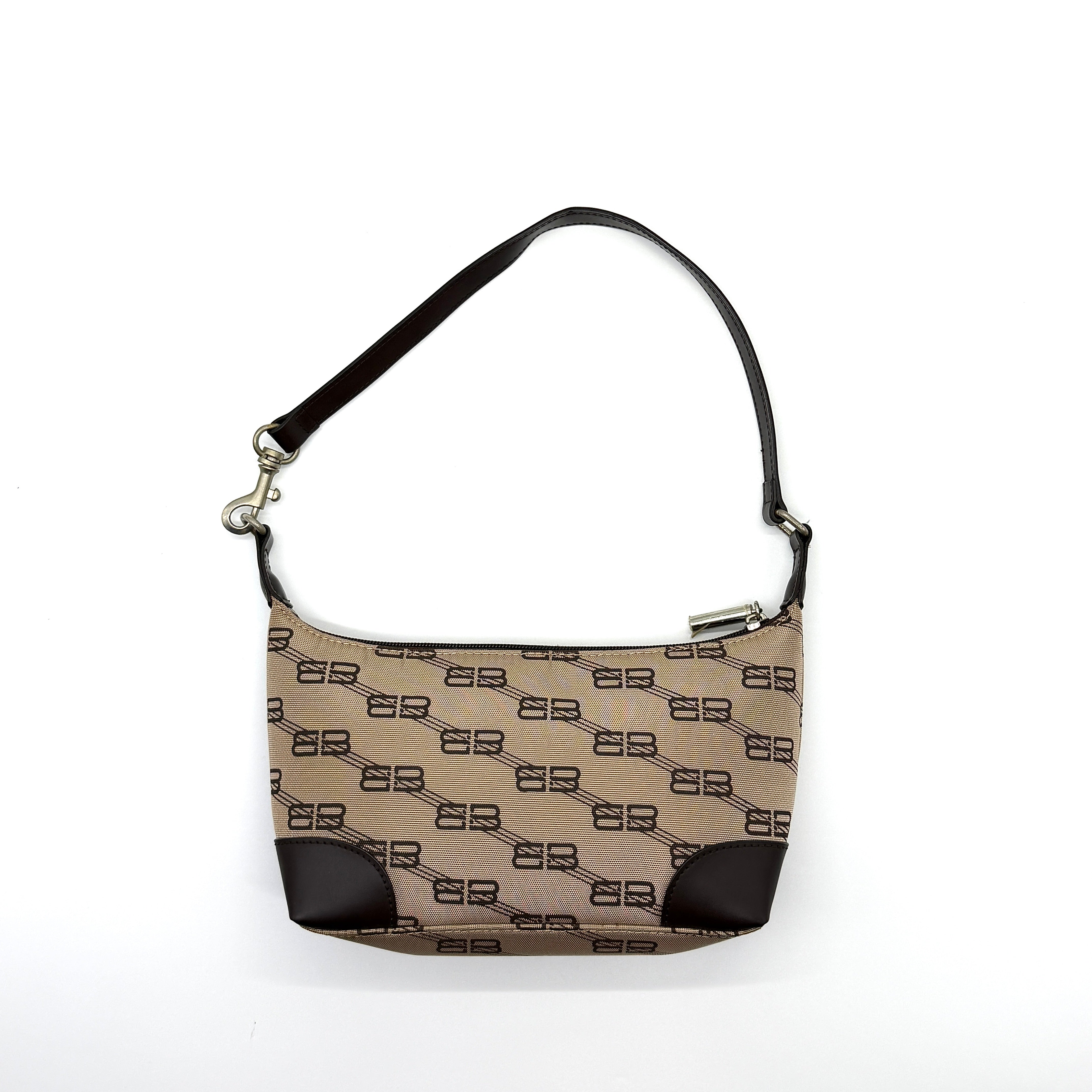 Balenciaga BB Print Shoulder Bag in brown monogram canvas with black leather trim and silver-tone hardware.