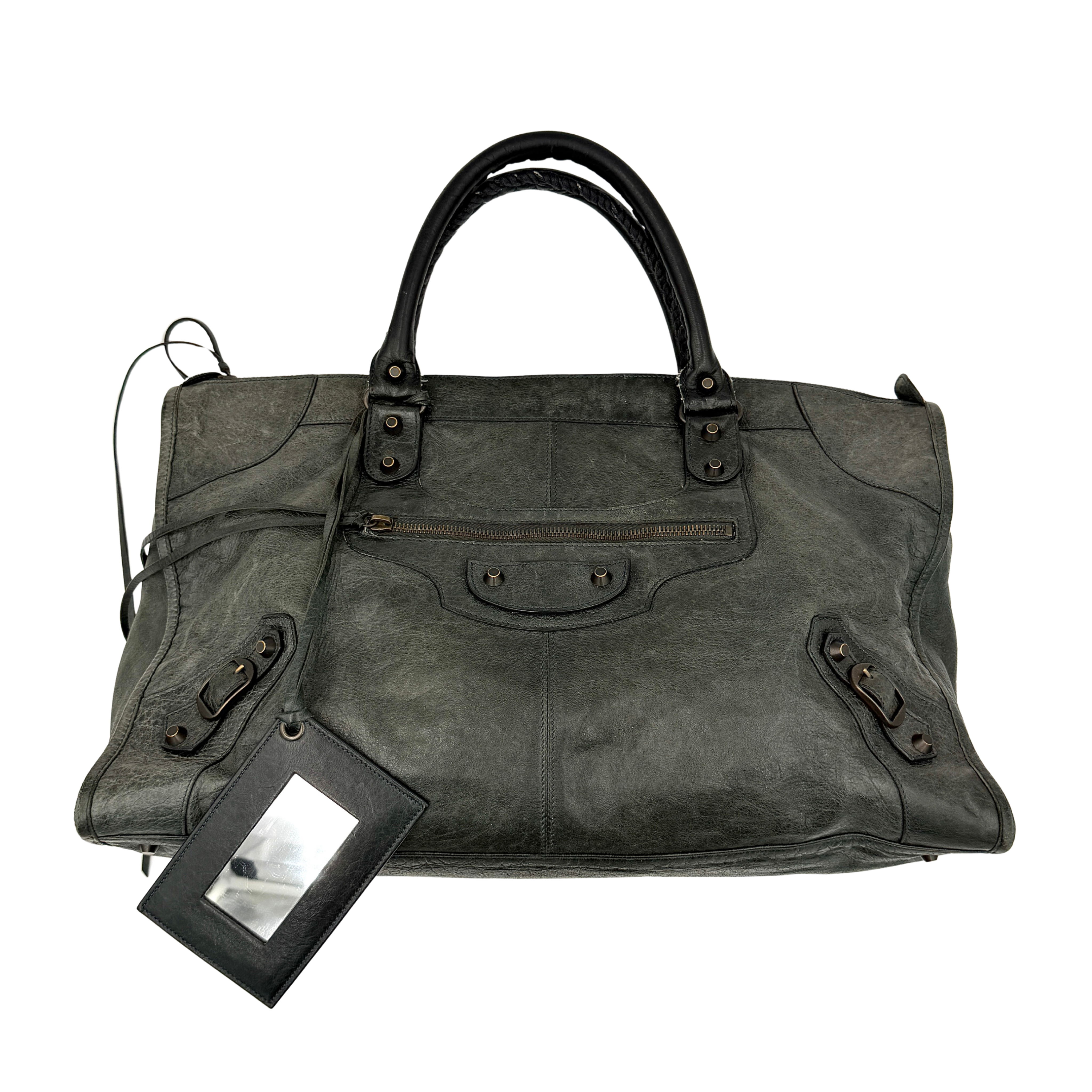Balenciaga City shoulder bag in anthracite grey leather with double top handles and front zip pocket, shown from front, side, and close-up angles.