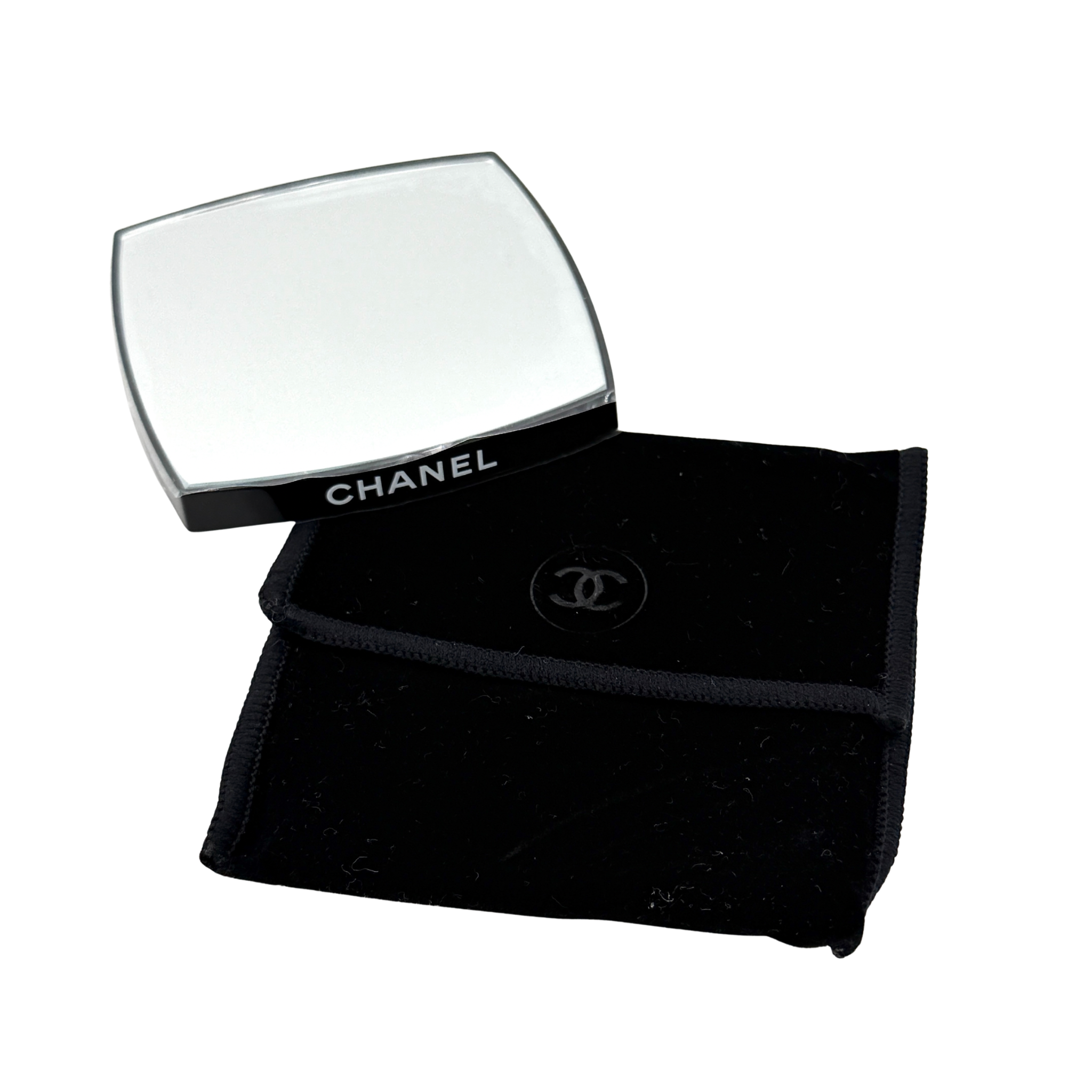 Chanel black beauty mirror with compact design and luxury black branded pouch