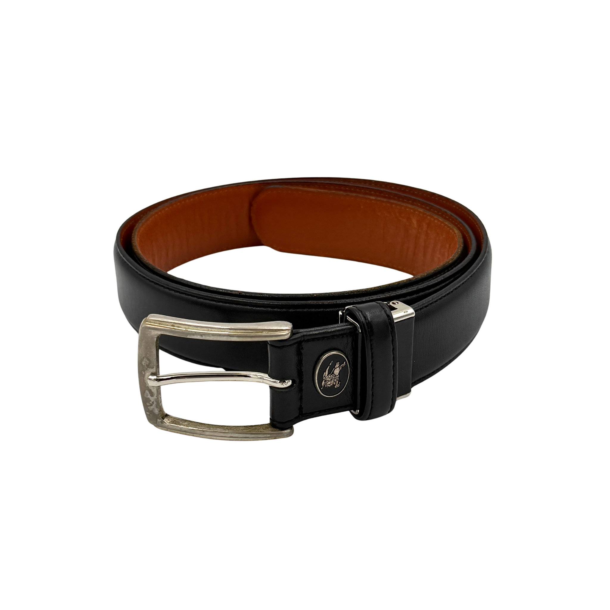 Burberry black leather belt with silver-tone buckle and horse logo detail, shown coiled with close-up of buckle and strap.