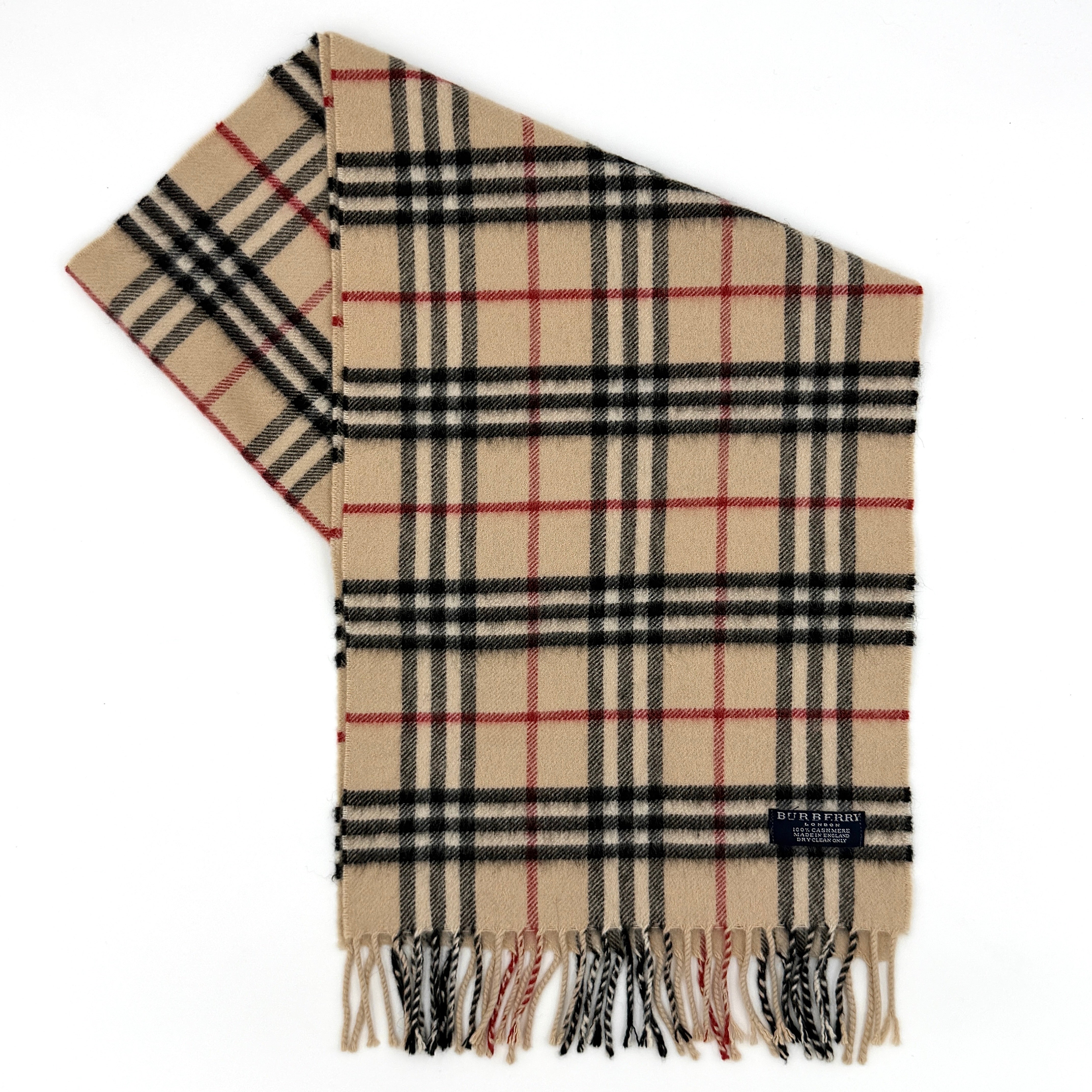 Burberry Nova Check cashmere scarf in beige featuring iconic check pattern and fringed edges.
