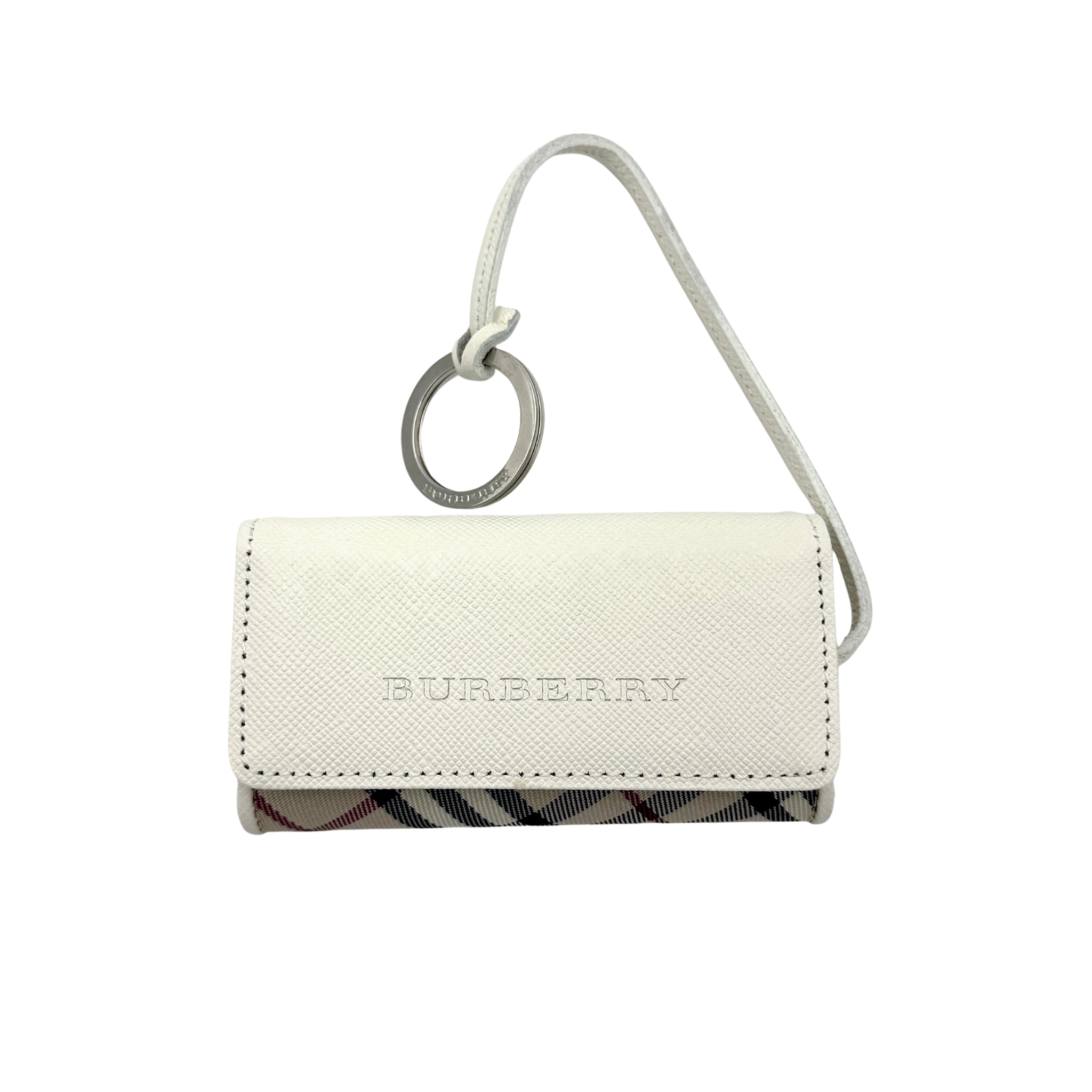 Burberry Nova Check key case in beige with iconic check pattern, featuring a sleek design and key ring attachment.