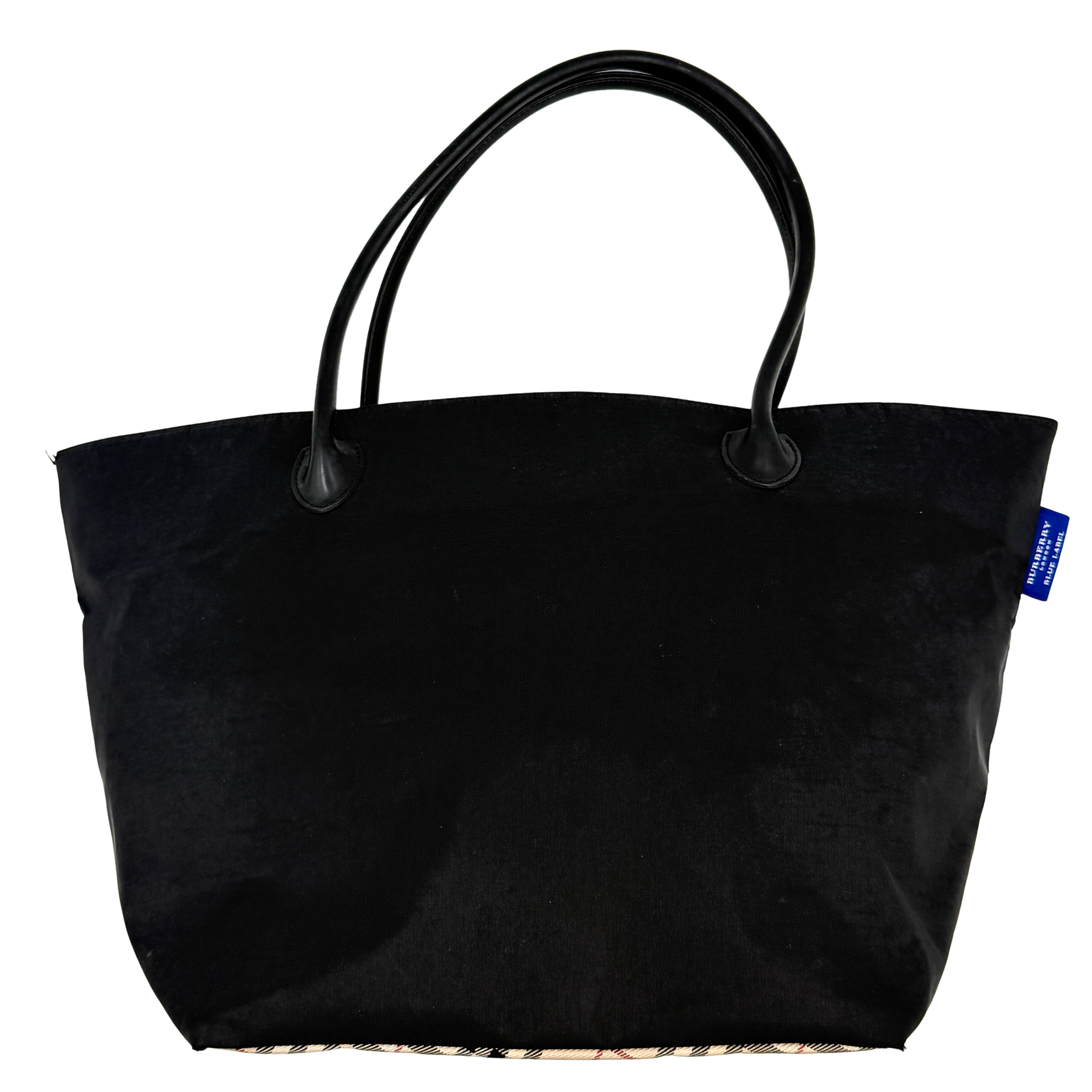 Burberry Nova Check tote bag with black exterior and beige check pattern interior, featuring black handles